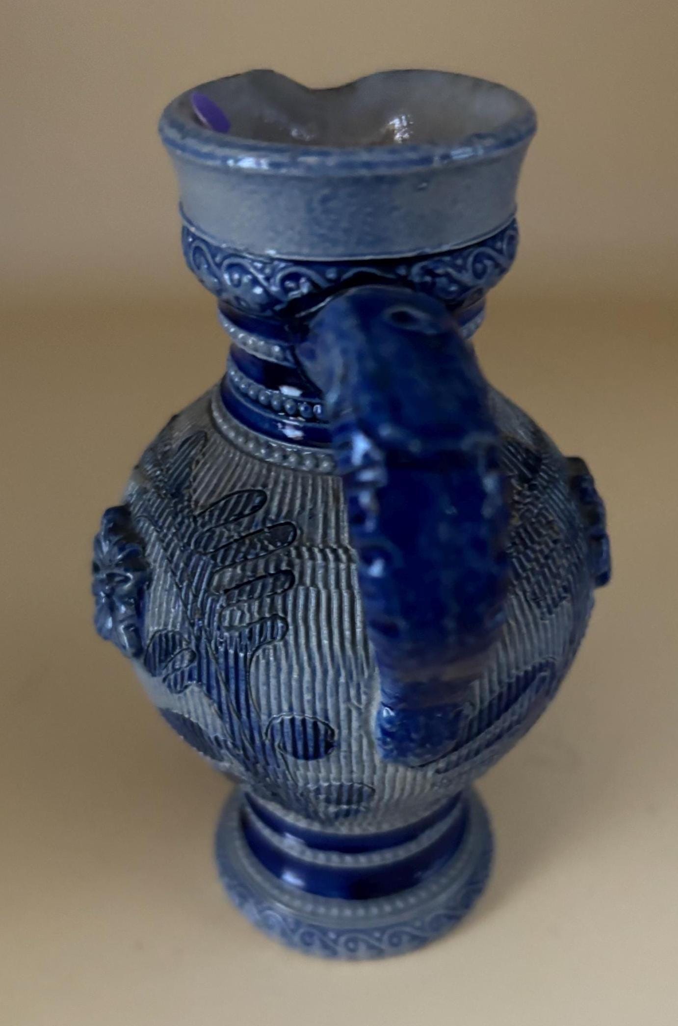 Antique Westerwald Salt Glazed Cobalt Blue Pottery Pitcher Jug Lover Antiques and Vintage