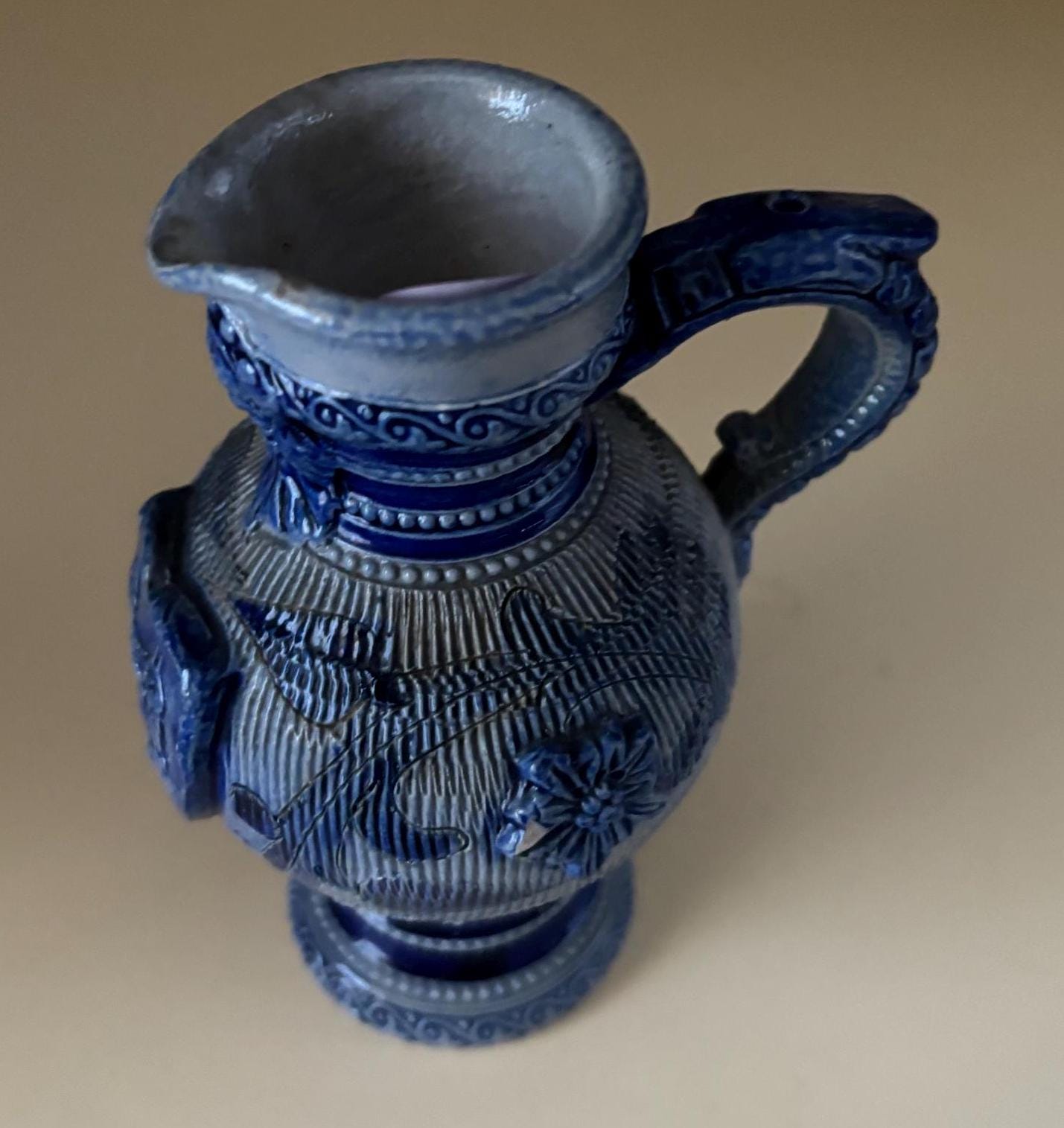 Antique Westerwald Salt Glazed Cobalt Blue Pottery Pitcher Jug Lover Antiques and Vintage