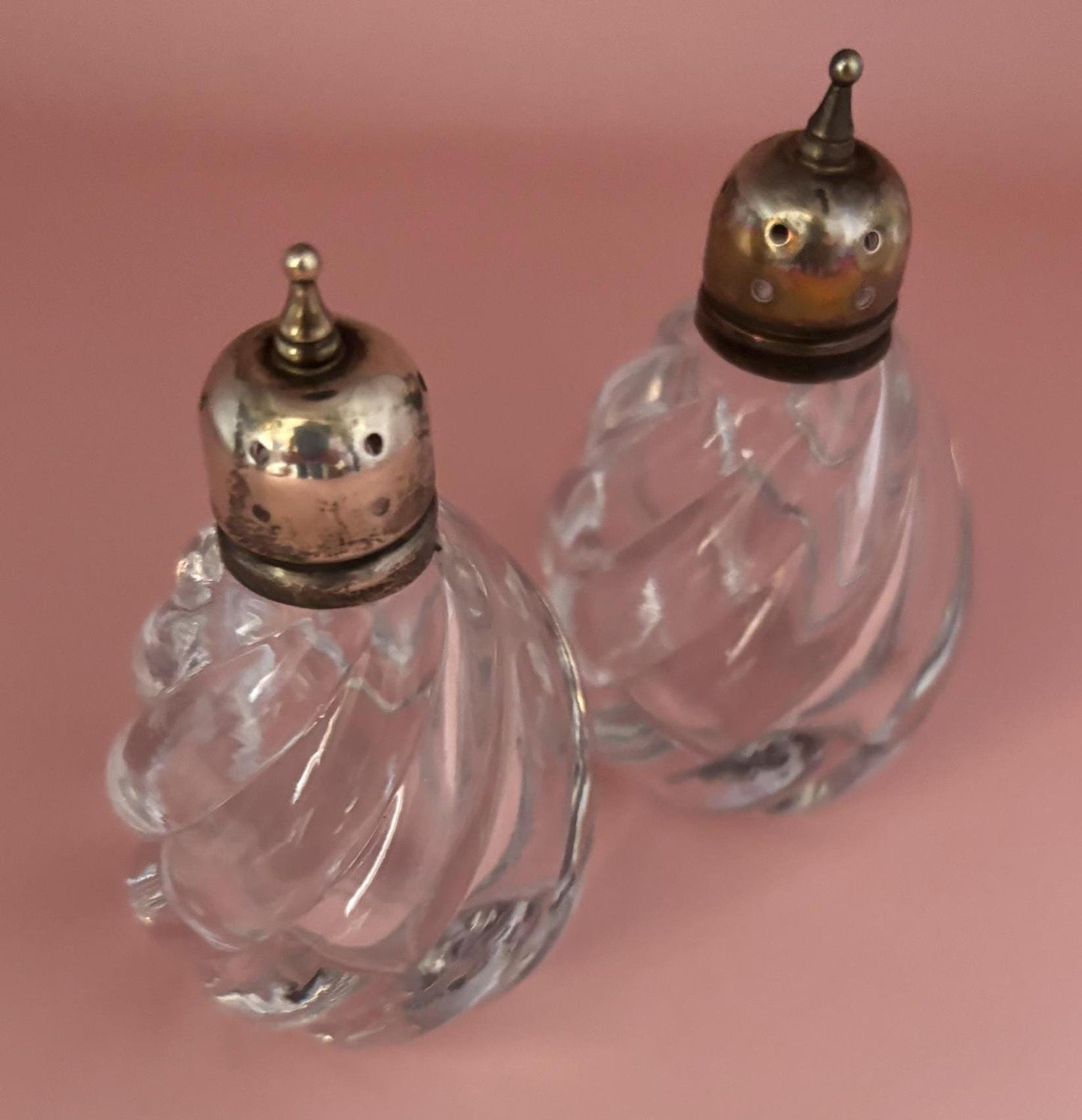 Antique Heisey Waverly Glass Salt & Pepper Shakers Domed Sterling Silver Lover Antiques and Vintage