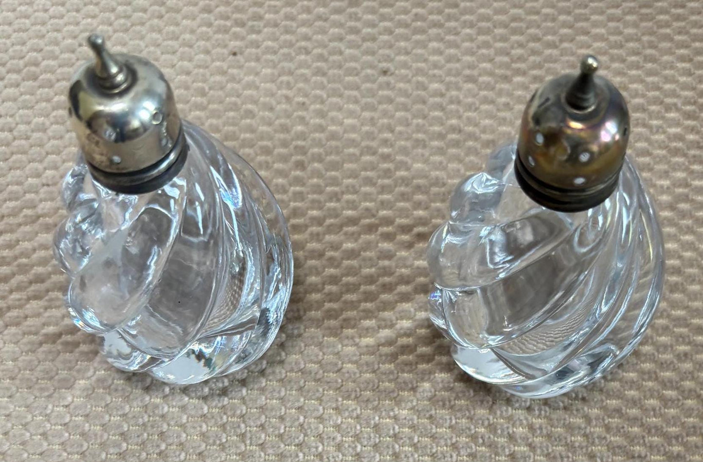 Antique Heisey Waverly Glass Salt & Pepper Shakers Domed Sterling Silver Lover Antiques and Vintage
