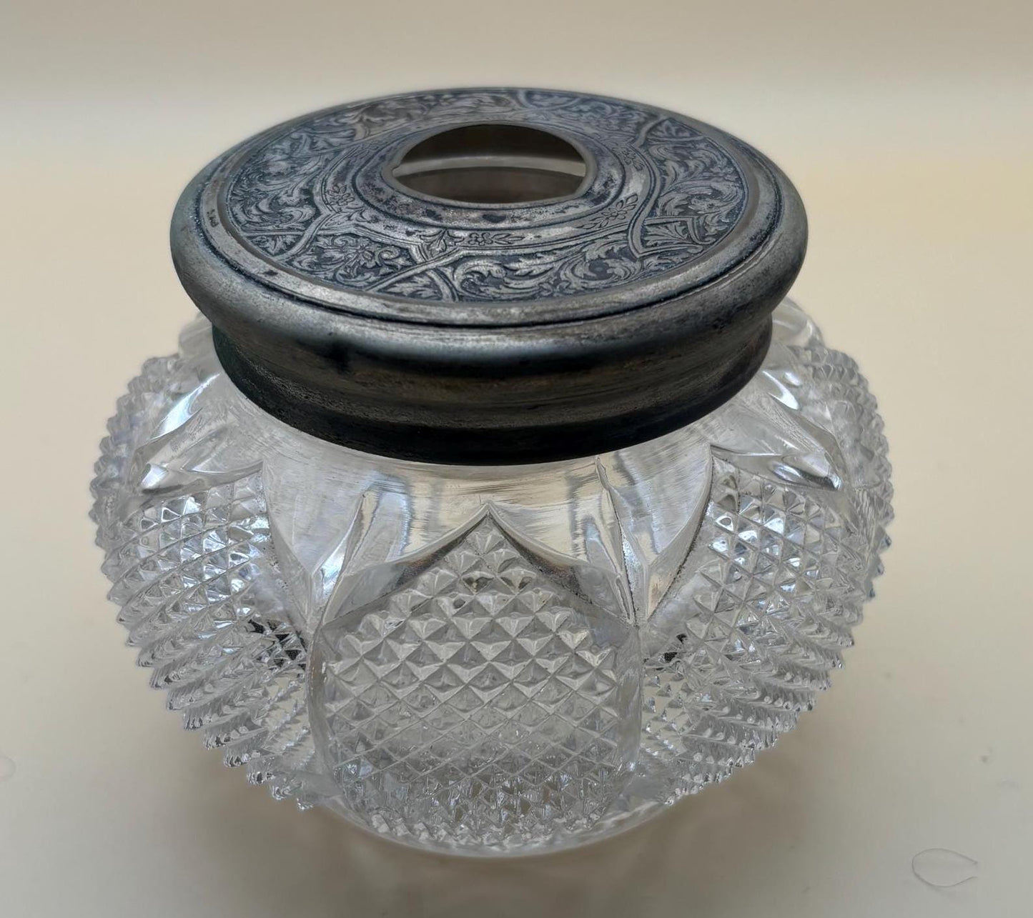 Antique Victorian Cut Crystal Hair Receiver Jar Sterling Silver Lid Lover Antiques and Vintage