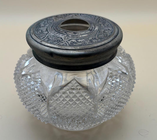 Antique Victorian Cut Crystal Hair Receiver Jar Sterling Silver Lid Lover Antiques and Vintage