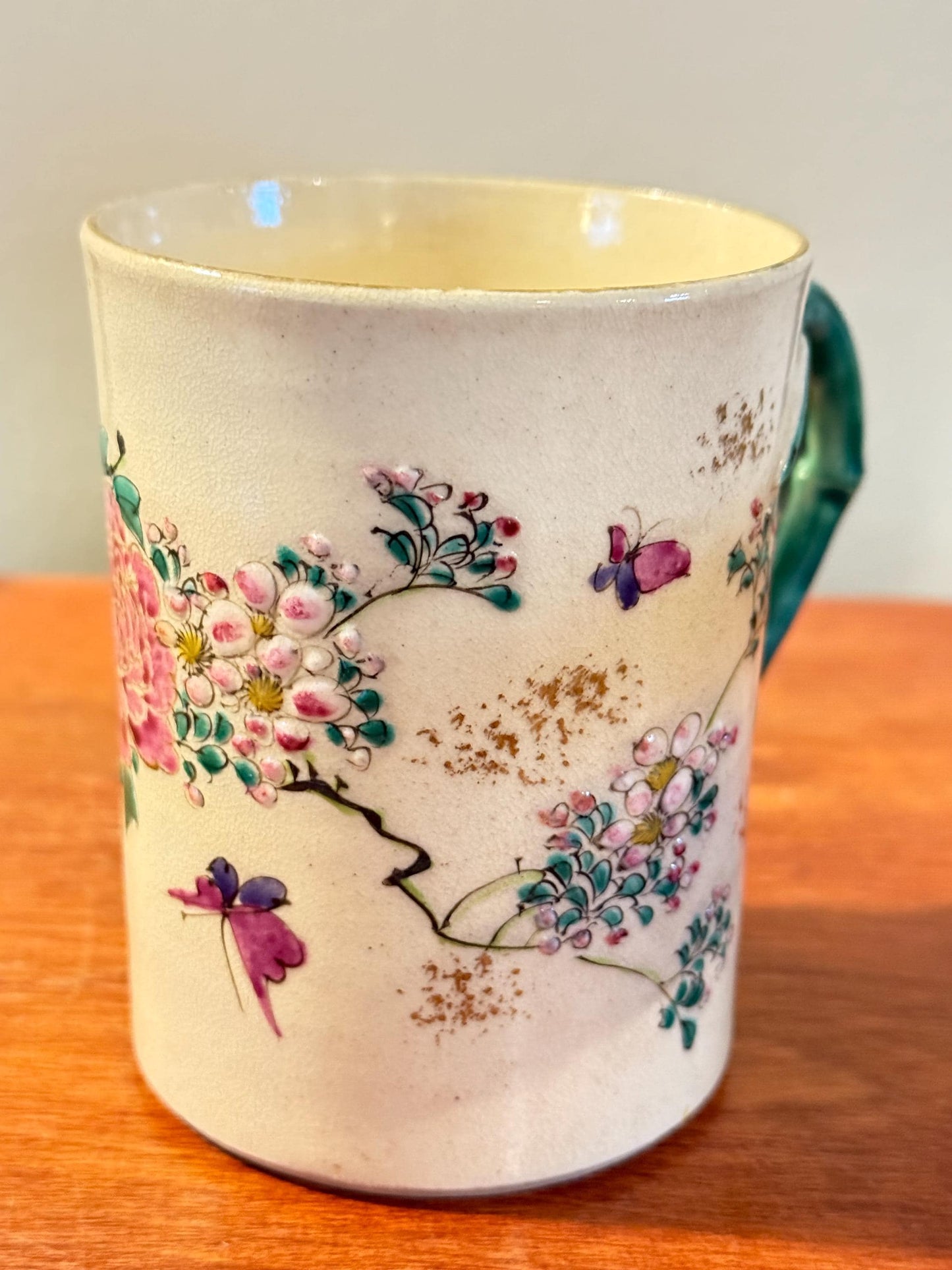 Antique Japanese Satsuma Pottery Cup With Green Handle Hand Painted early 20th Century Lover Antiques and Vintage