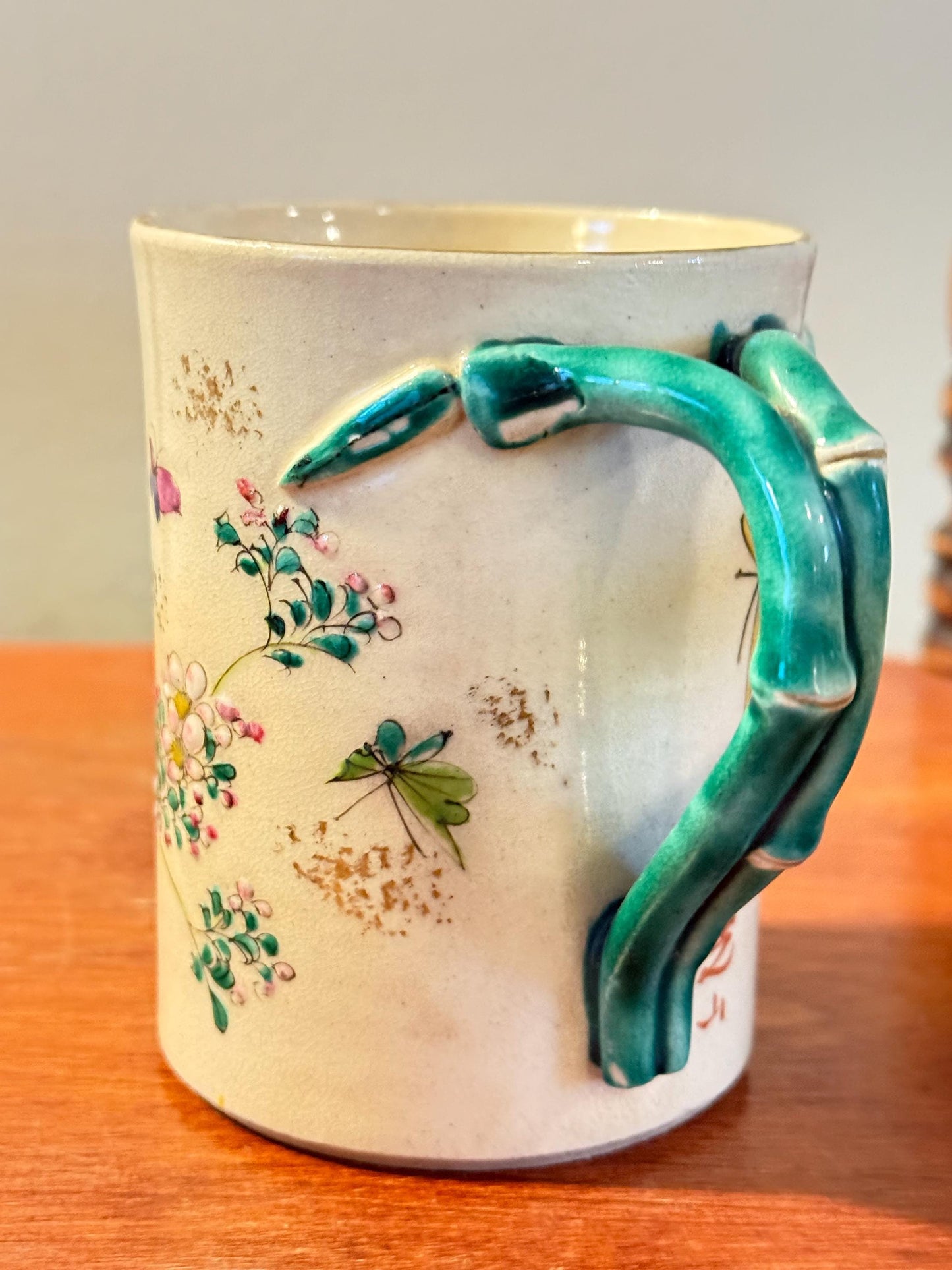 Antique Japanese Satsuma Pottery Cup With Green Handle Hand Painted early 20th Century Lover Antiques and Vintage
