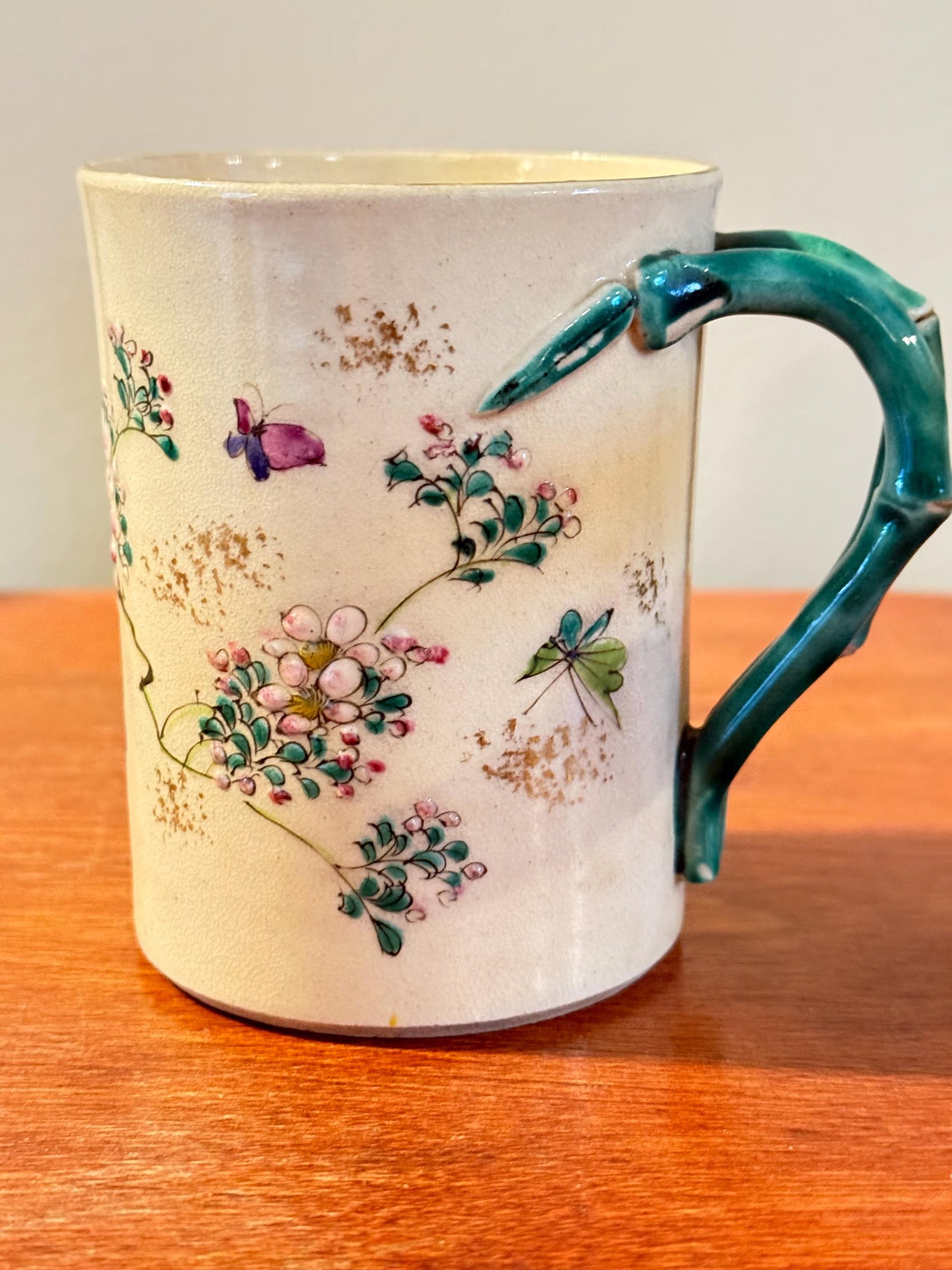 Antique Japanese Satsuma Pottery Cup With Green Handle Hand Painted early 20th Century Lover Antiques and Vintage