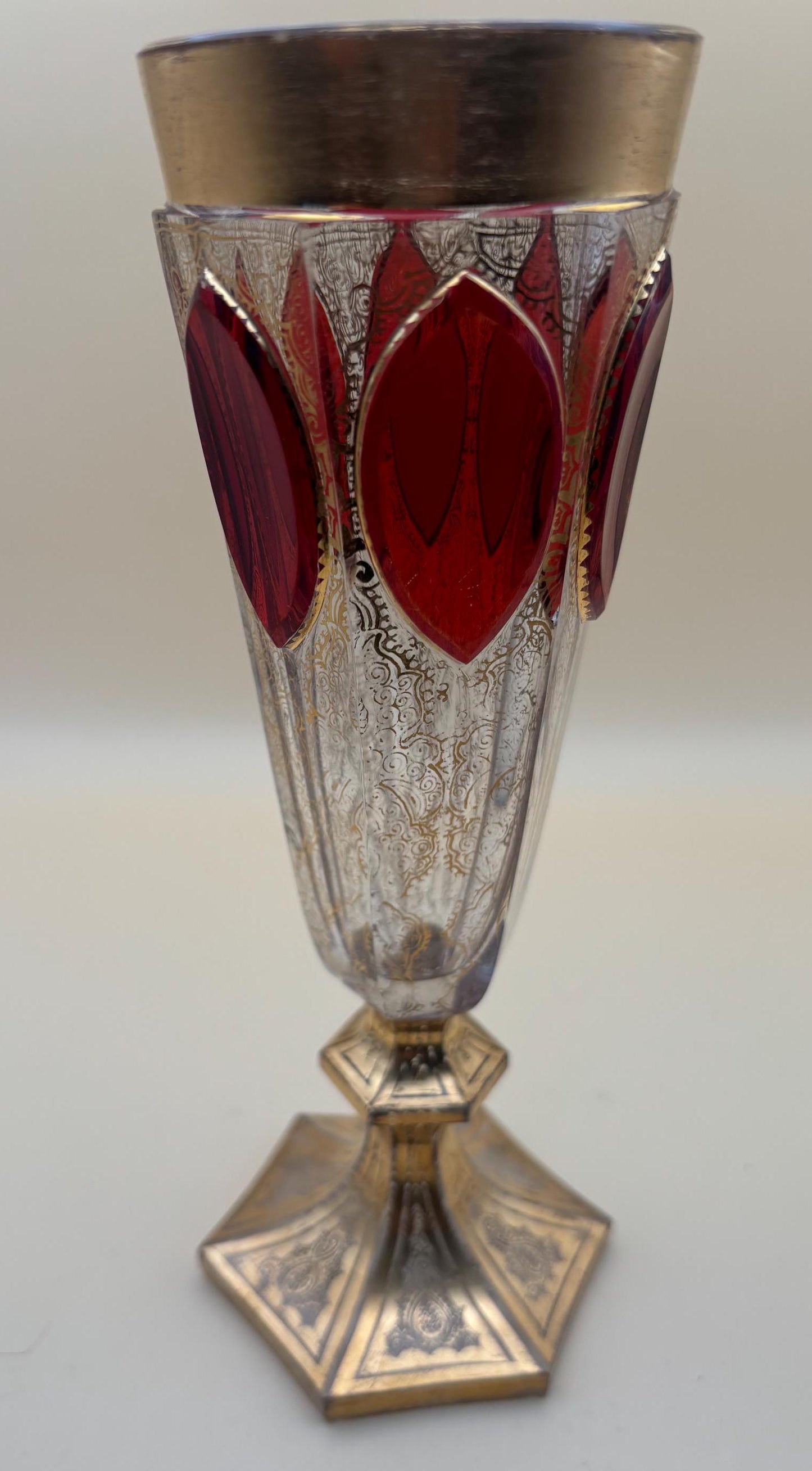 Antique Bohemian Cranberry Cut Cabochon Tall Vase with Gold Gilding Lover Antiques and Vintage