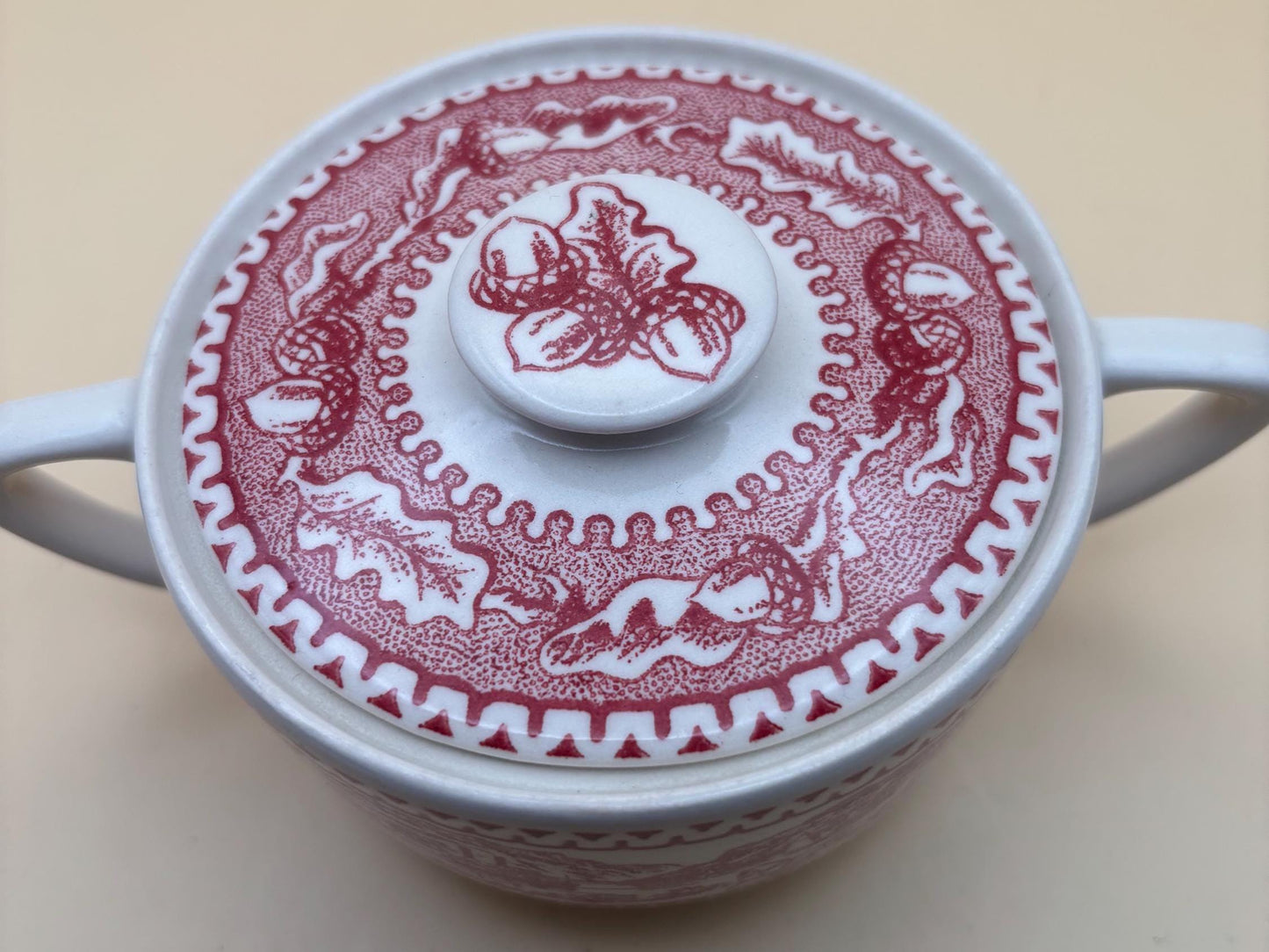 Vintage Red & White Sugar Bowl with Lid Double Handle Sugar Dish Lover Antiques and Vintage