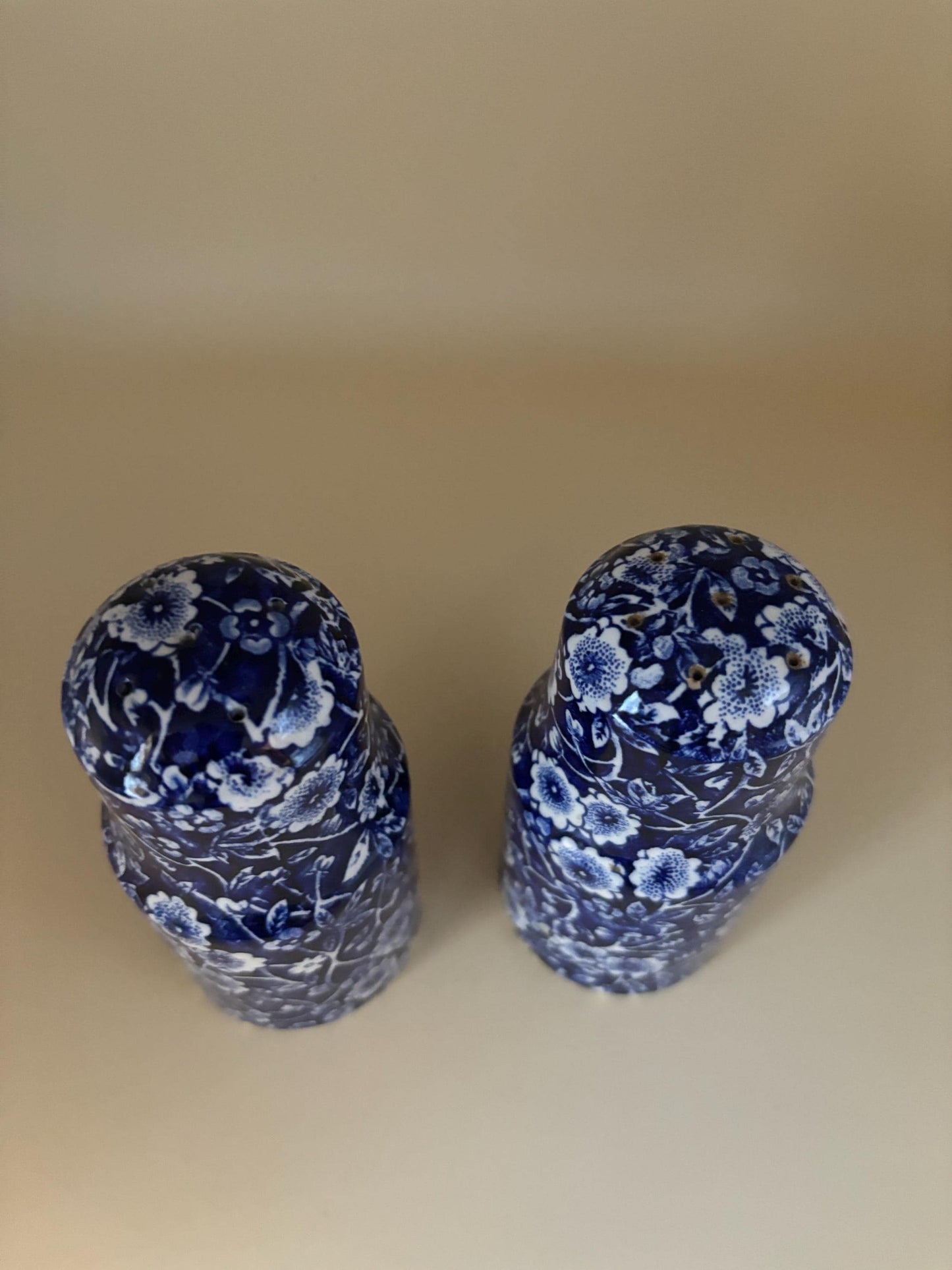 Vintage Salt & Pepper Shakers CALICO Blue Flower Royal Crownford Ironstone England Blue White Floral Transferware Burleigh Lover Antiques