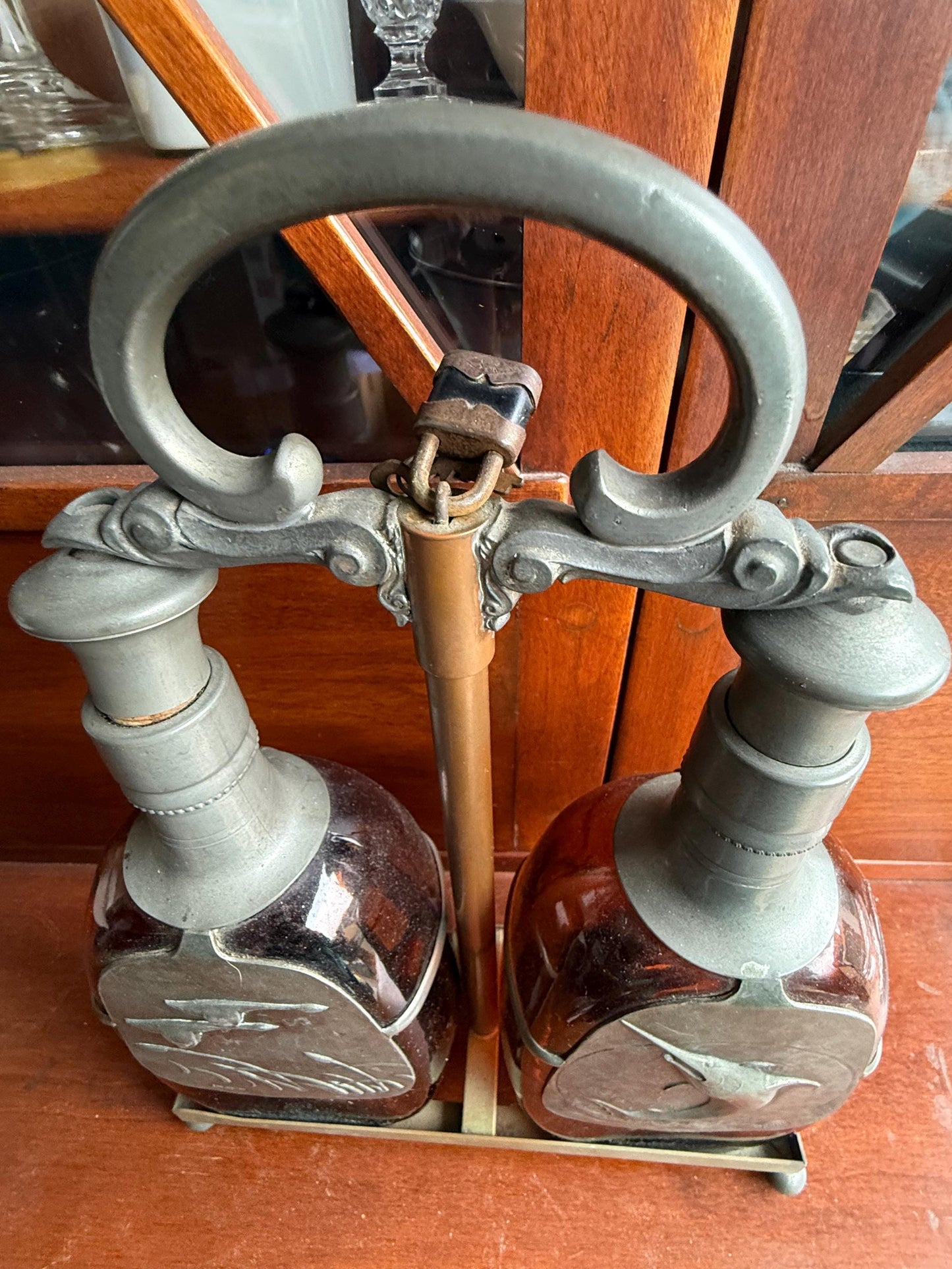 Vintage The Danish Silversmith Amber Liquor Decanter Bottles and Holder Lover Antiques and Vintage