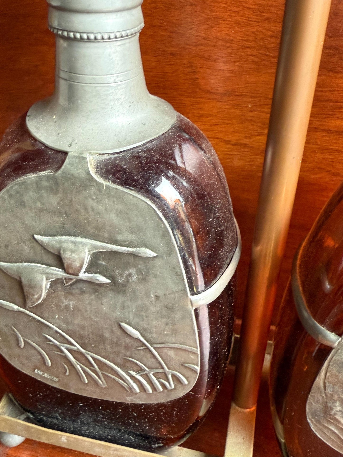 Vintage The Danish Silversmith Amber Liquor Decanter Bottles and Holder Lover Antiques and Vintage