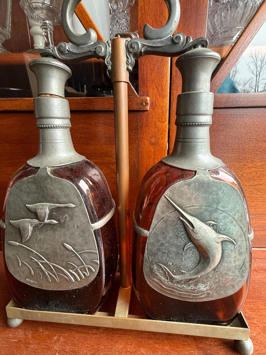 Vintage The Danish Silversmith Amber Liquor Decanter Bottles and Holder Lover Antiques and Vintage