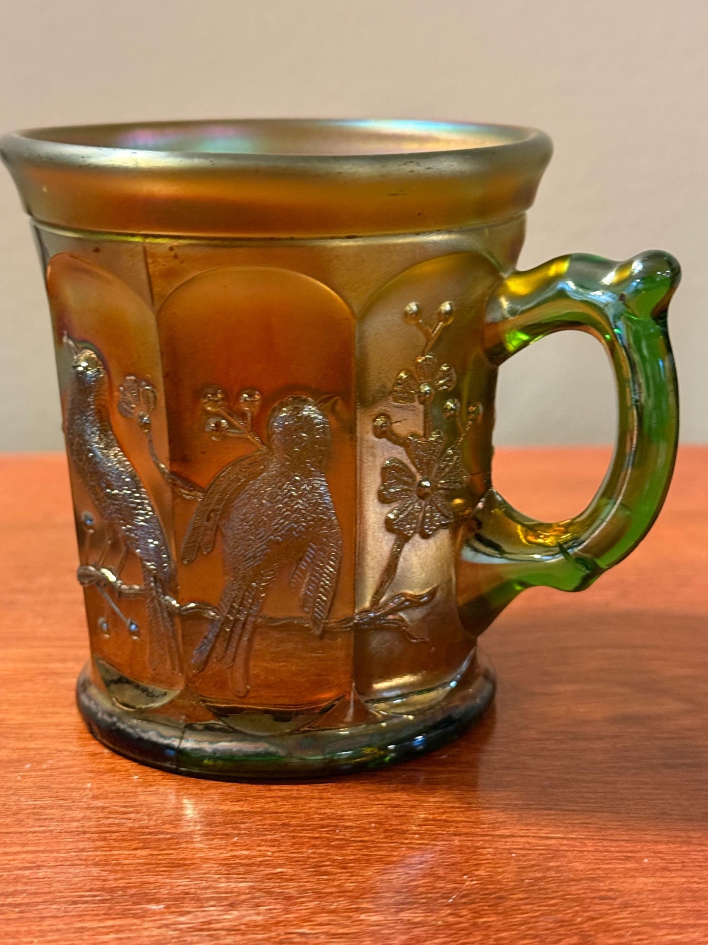 Antique Northwood Singing Birds Green Carnival Glass Mug Cup with Handle Lover Antiques and Vintage