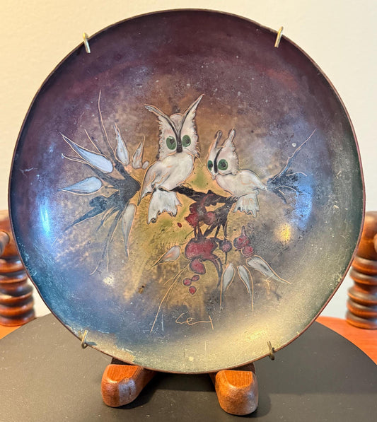 Vintage Two Owl Copper Wall Art Hand Painted Pair of Owls Wall Original Art Copper Decorative Wall Art Hanging Lover Antiques