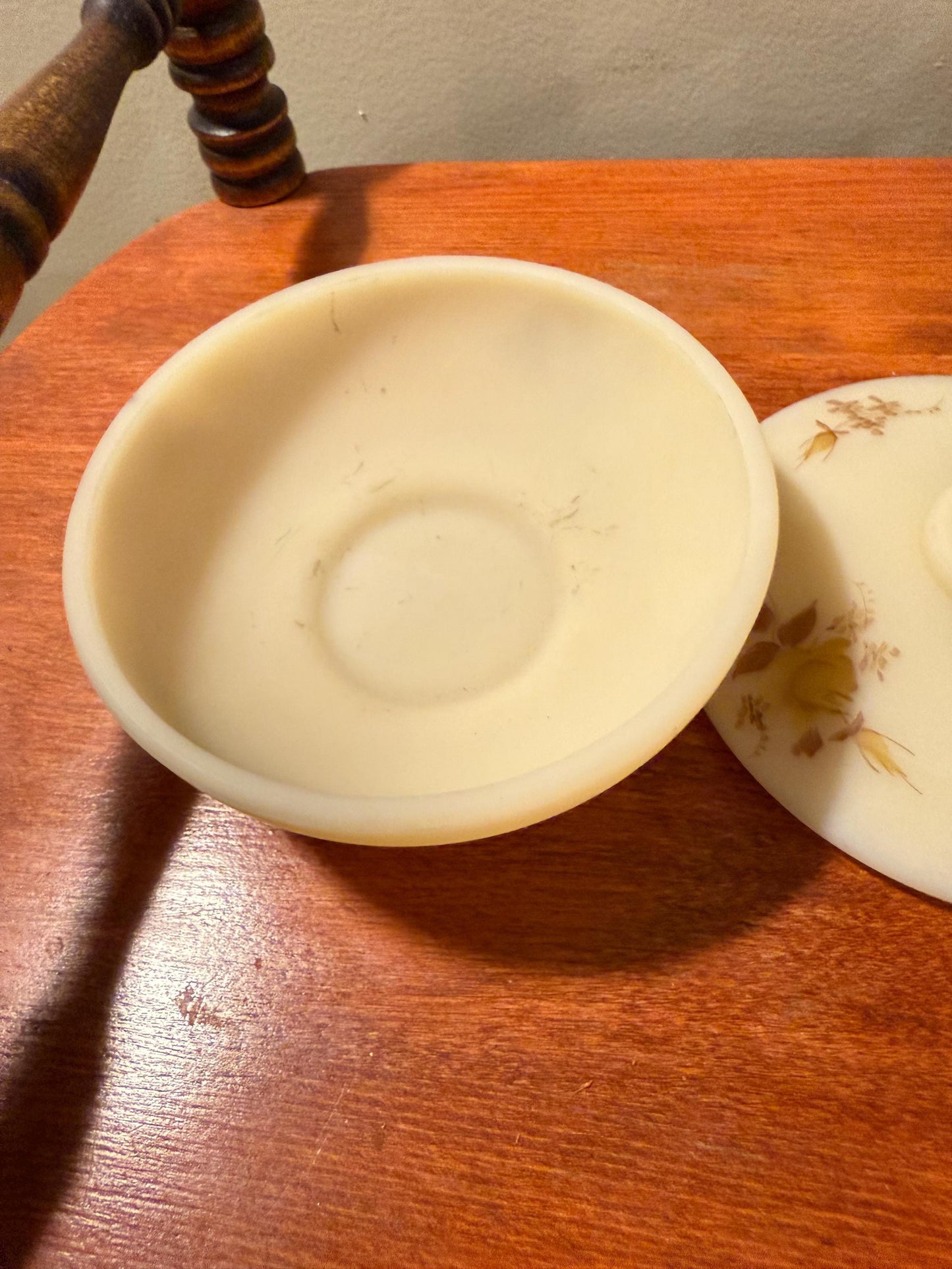 Vintage Fenton Custard Satin Glass Powder Dish with Lid Hand Painted and Signed F. Baxter Lover Antiques and Vintage