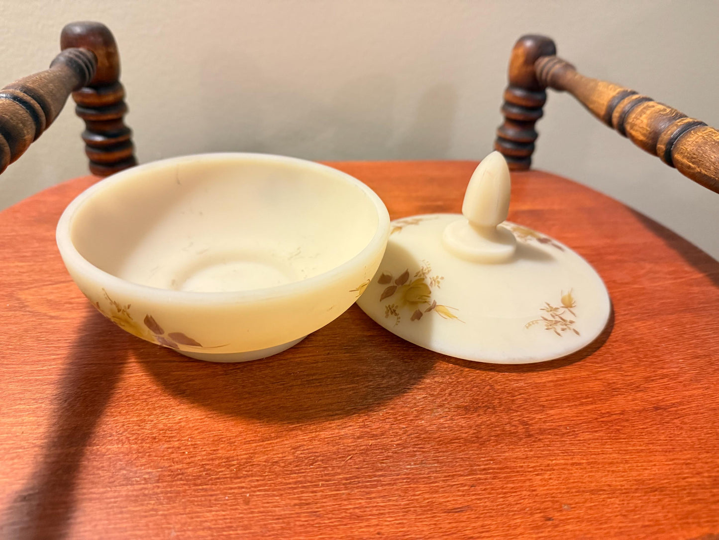 Vintage Fenton Custard Satin Glass Powder Dish with Lid Hand Painted and Signed F. Baxter Lover Antiques and Vintage