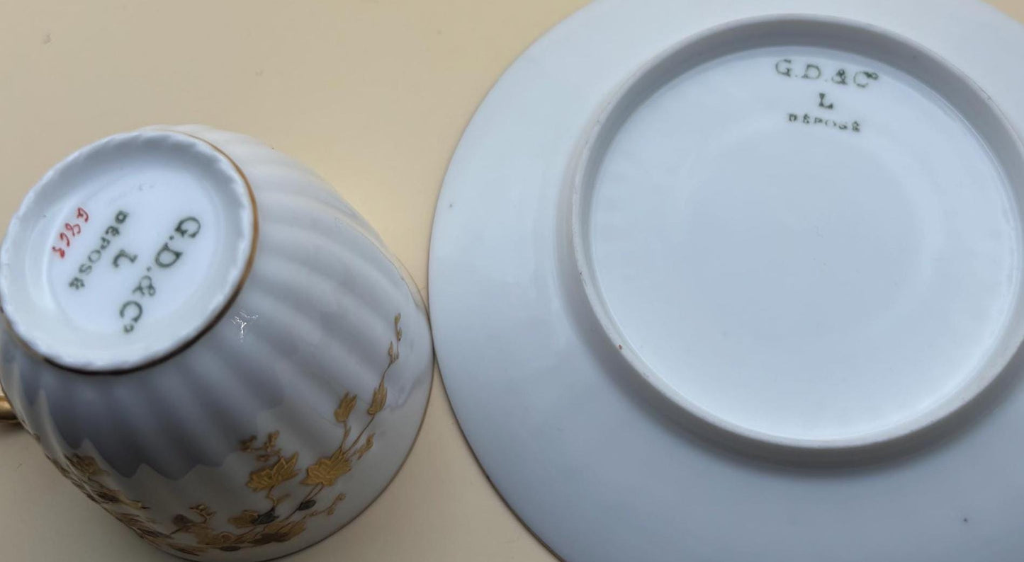 Antique G. D & C. Limoges of France Depose Porcelain Tea Cup and Saucer Hand Painted Leaves Lover Antiques and Vintage