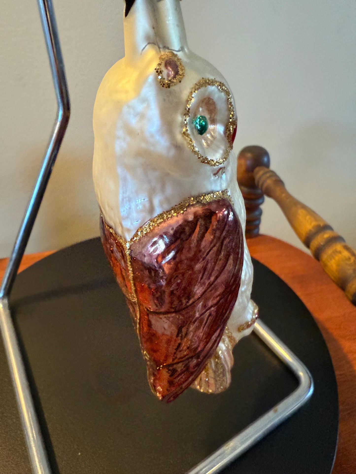 Vintage Owl with Green Eyes on a Perch Hand Blown Owl Christmas Holiday Lover Antiques and Vintage