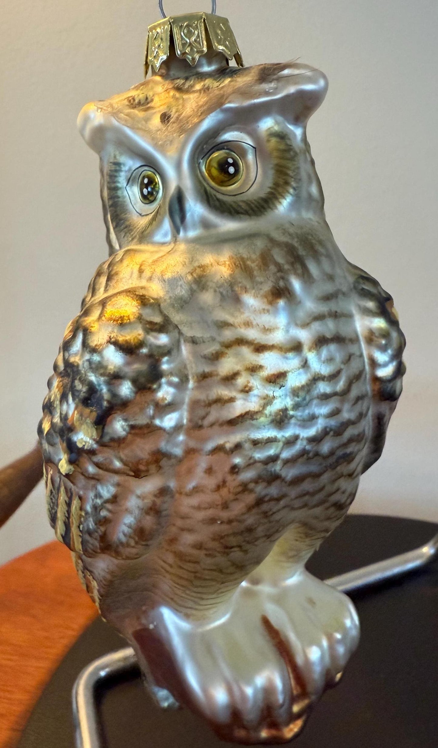 Vintage Owl with Green Eyes on a Perch Hand Blown Owl Christmas Holiday Lover Antiques and Vintage
