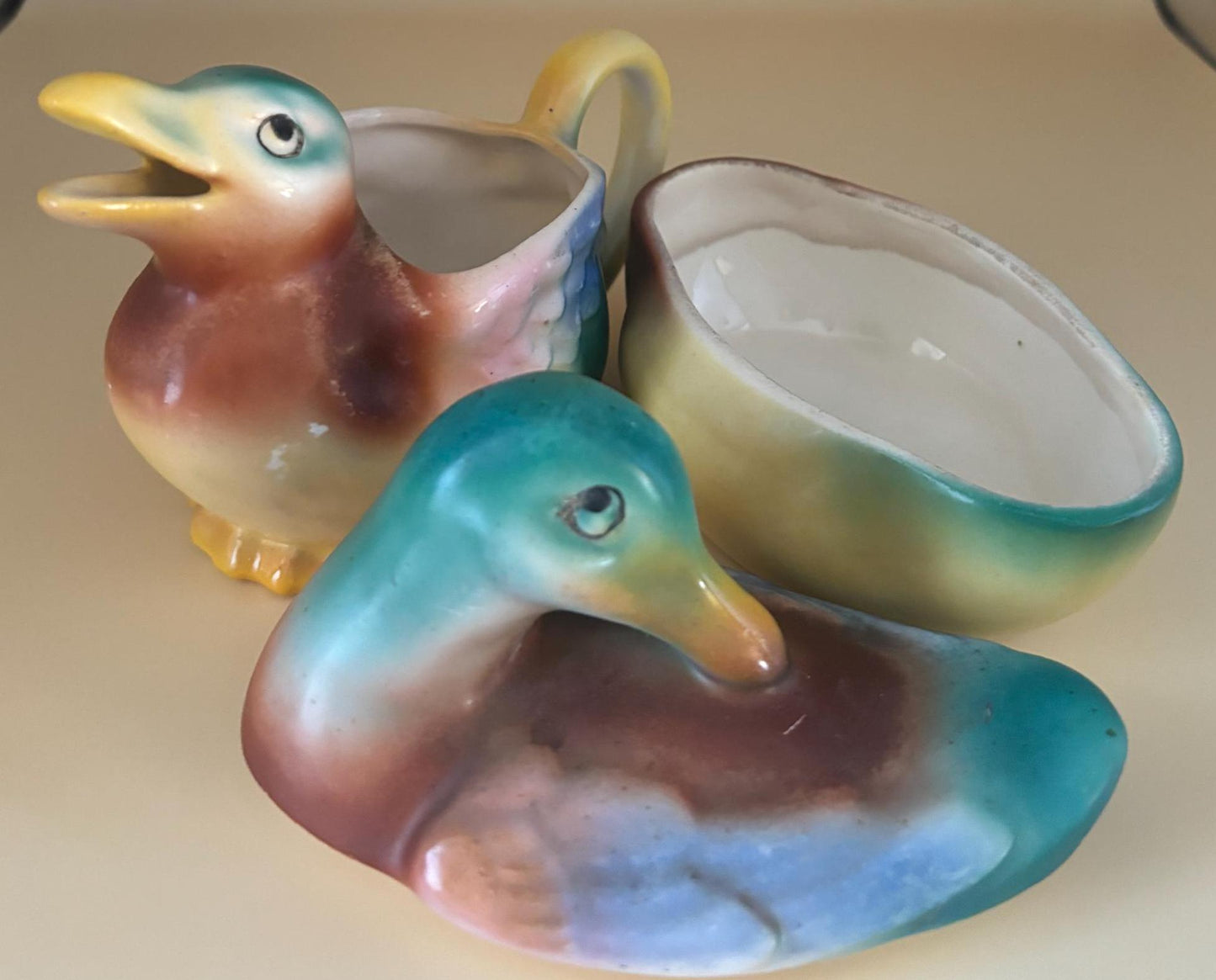 Vintage Czechoslovakia Pottery Mallard Duck Cream and Sugar Dish Set Numbered 32 Lover Antiques and Vintage