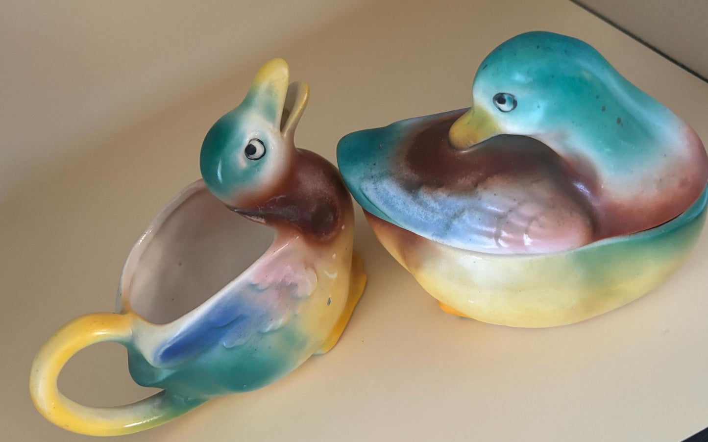 Vintage Czechoslovakia Pottery Mallard Duck Cream and Sugar Dish Set Numbered 32 Lover Antiques and Vintage