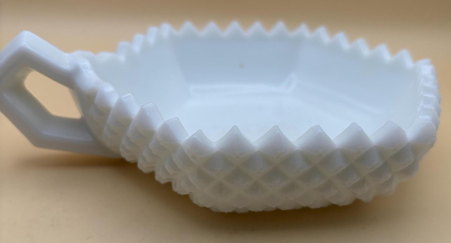 Vintage Westmoreland Diamond Hobnail Milk Glass Bowl with Handle Lover Antiques and Vintage