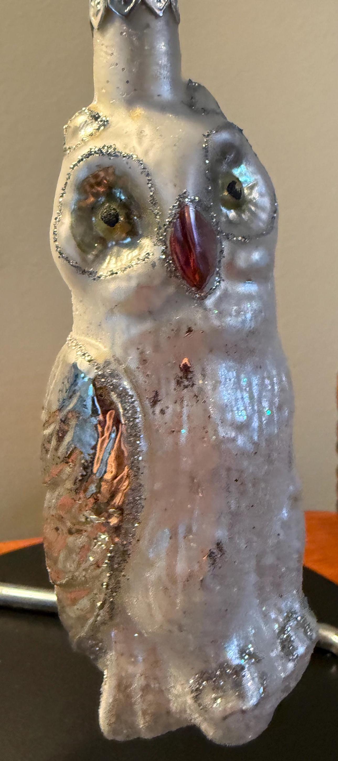 Vintage White Snow Owl on a Perch Hand Blown Large Owl Christmas Holiday Lover Antiques and Vintage