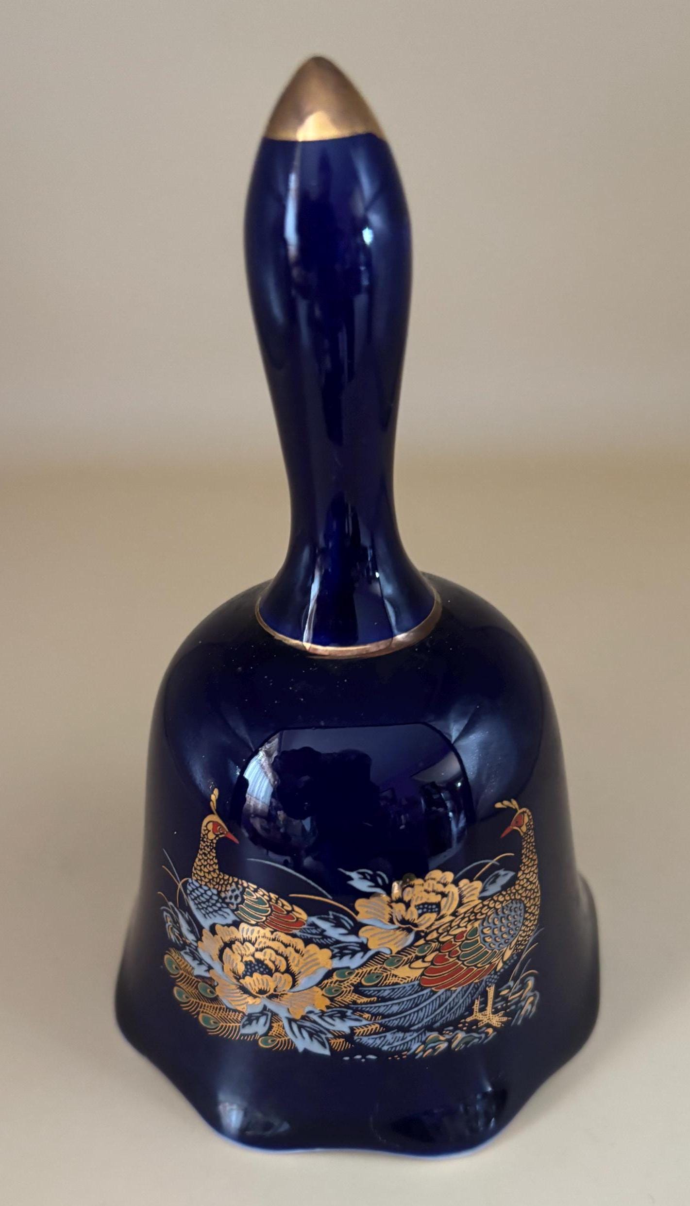 Vintage Cobalt Blue Bell with Peacocks and Gold Gilding Glass Lover Antiques and Vintage