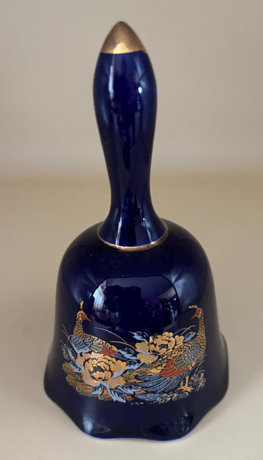 Vintage Cobalt Blue Bell with Peacocks and Gold Gilding Glass Lover Antiques and Vintage