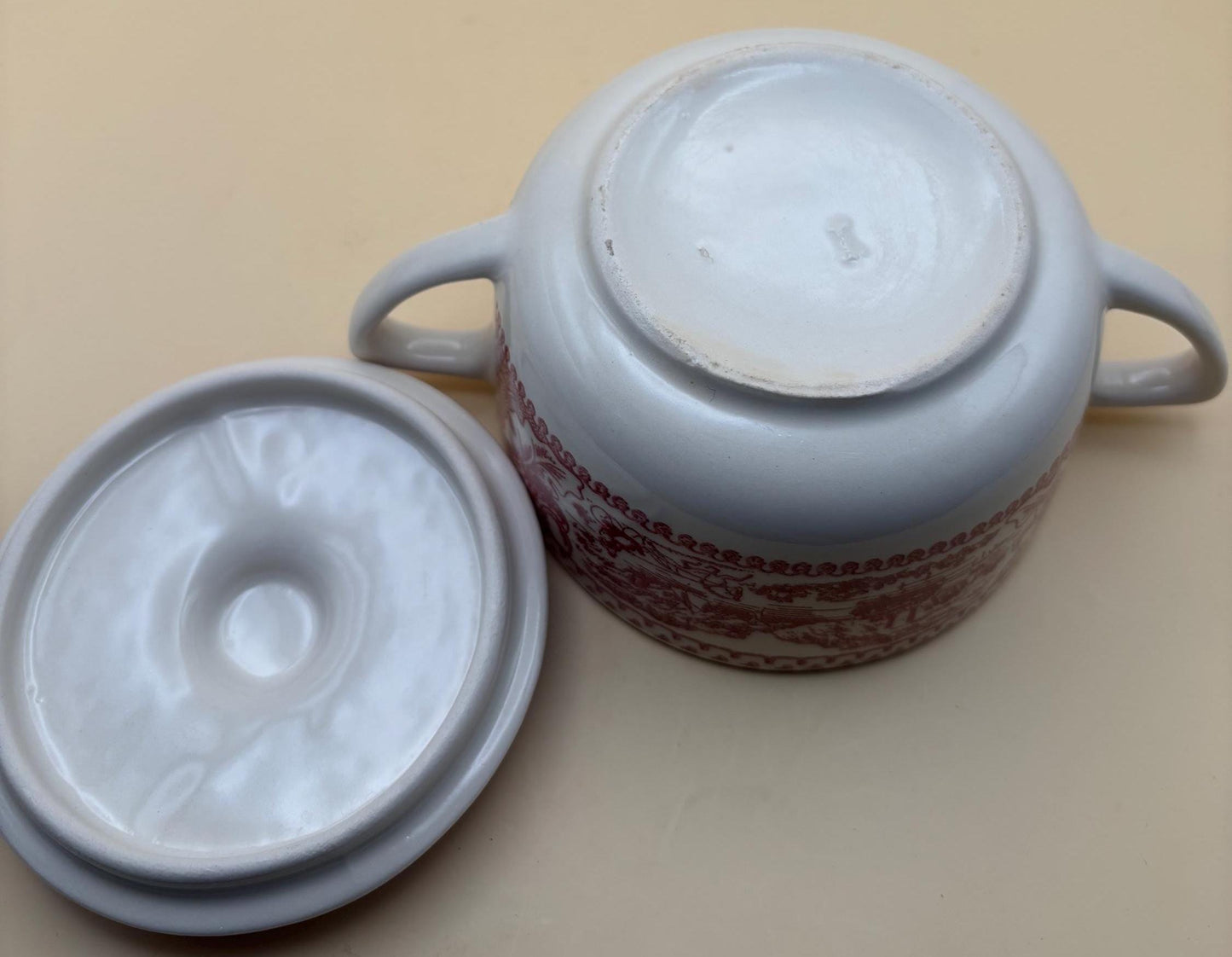 Vintage Red & White Sugar Bowl with Lid Double Handle Sugar Dish Lover Antiques and Vintage