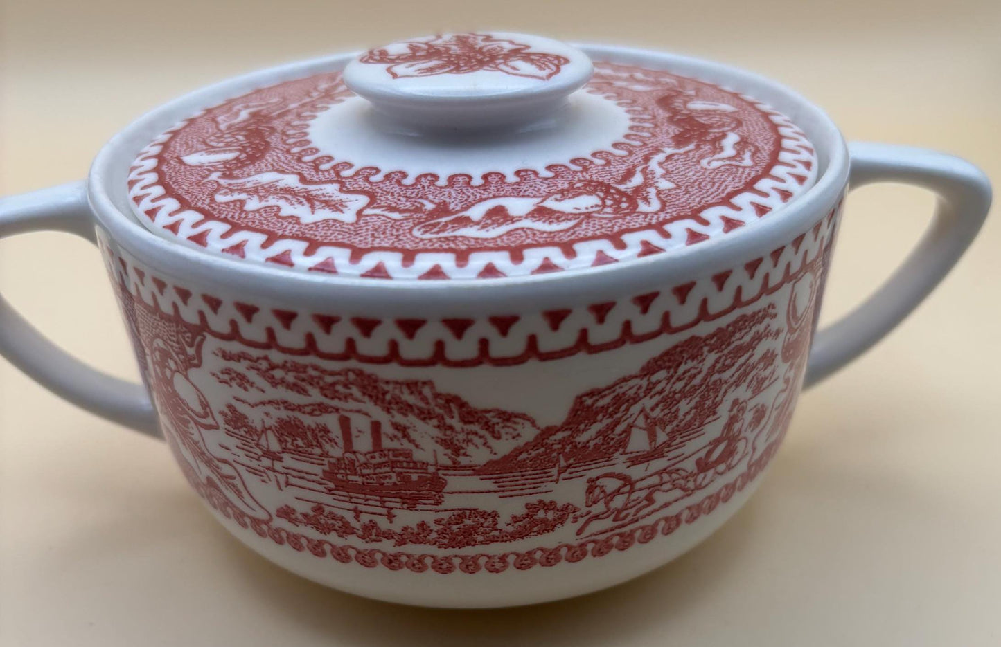 Vintage Red & White Sugar Bowl with Lid Double Handle Sugar Dish Lover Antiques and Vintage
