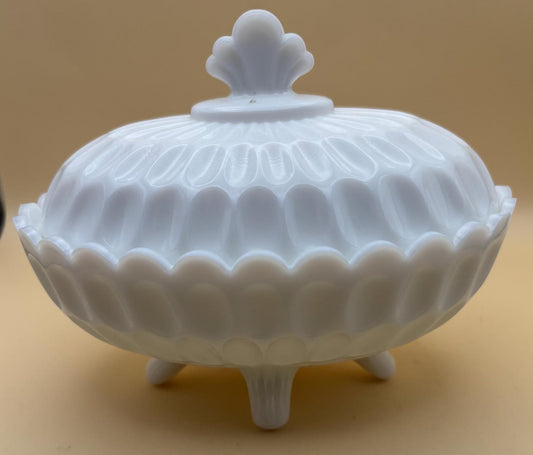 Vintage Fenton Olde Virginia Thumbprint Milk Glass Footed Candy Dish with Lid Lover Antiques and Vintage