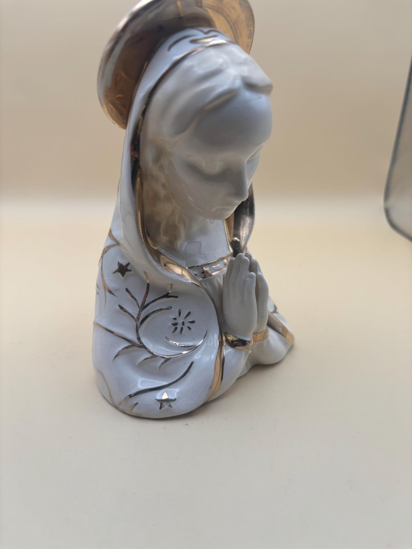 Vintage Praying Madonna Statue with Gold Gilding Figurine Hand Painted Porcelain Virgin Mary Figure Lover Antiques and Vintage