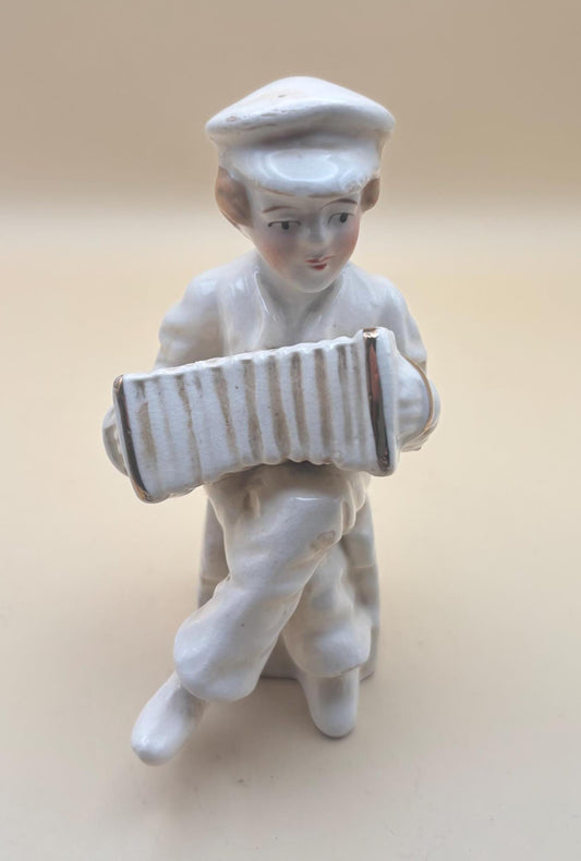 Vintage Man Sitting on Box Playing Accordion Hand Painted Japan Boy Figurine with Squeeze Box Lover Antiques and Vintage