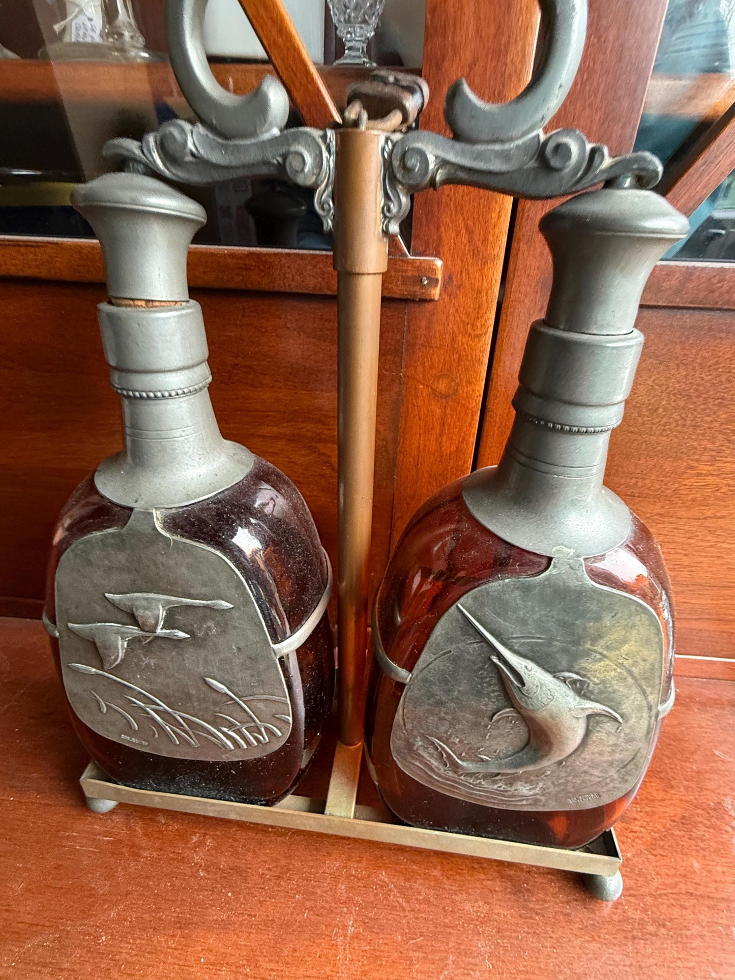 Vintage The Danish Silversmith Amber Liquor Decanter Bottles and Holder Lover Antiques and Vintage