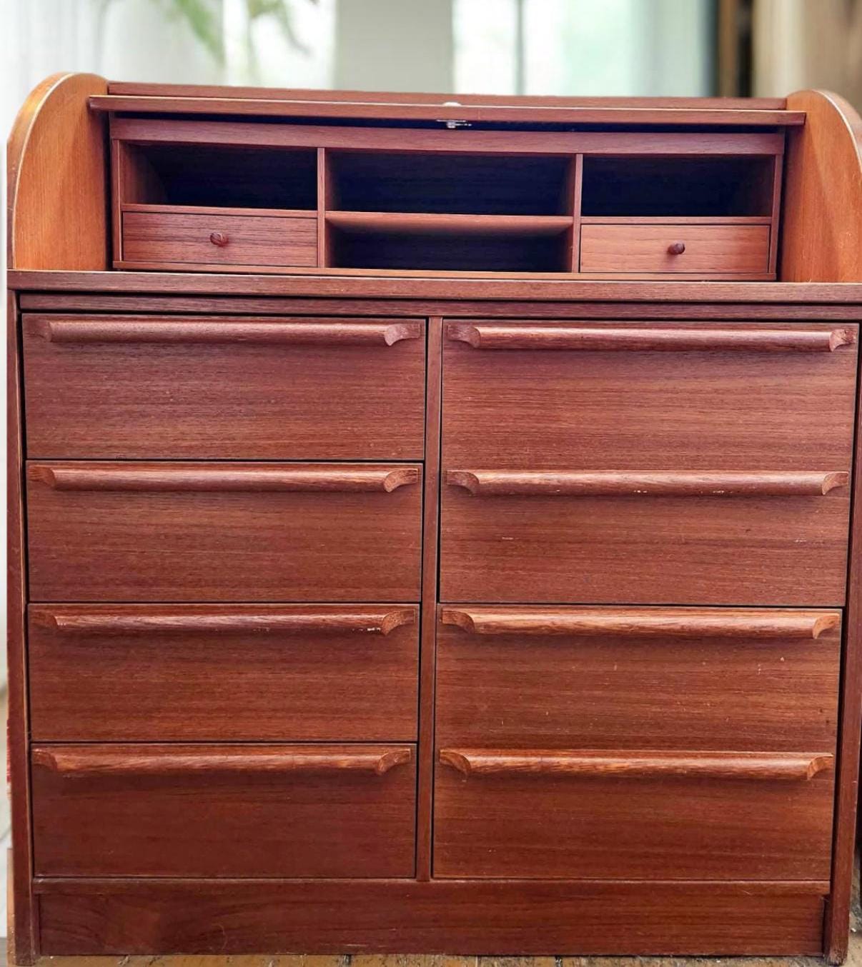 Mid Century Modern Scandinavian Roll Top Secretary with Pull Out Desk Surface and Organization Danish Teak Desk Lover Antiques and Vintage