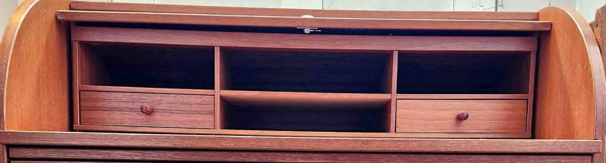 Mid Century Modern Scandinavian Roll Top Secretary with Pull Out Desk Surface and Organization Danish Teak Desk Lover Antiques and Vintage