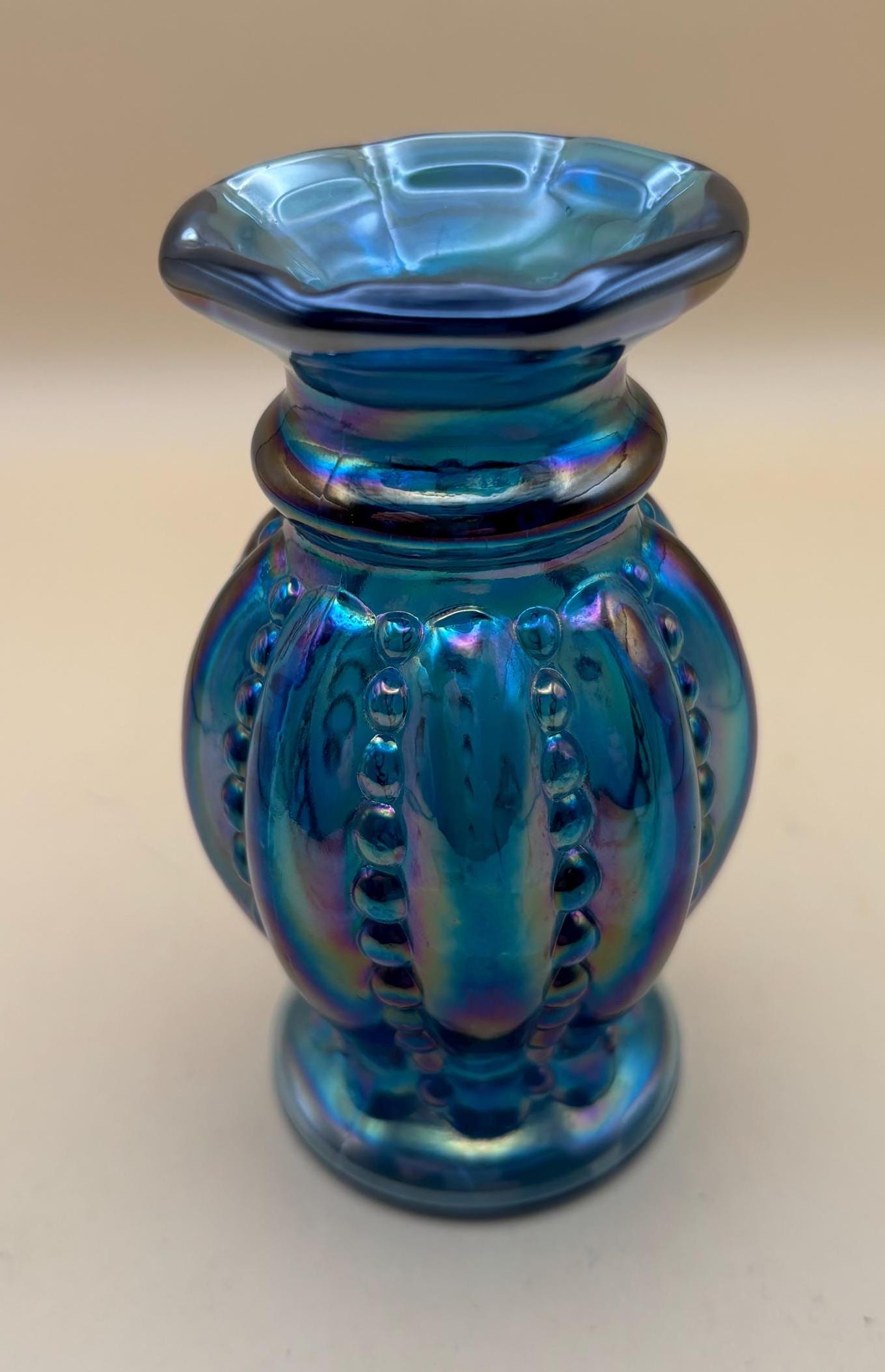 Vintage Fenton Carnival Glass Beaded Melon Mini Vase Iridescent Blue Glass Art Lover Antiques and Vintage