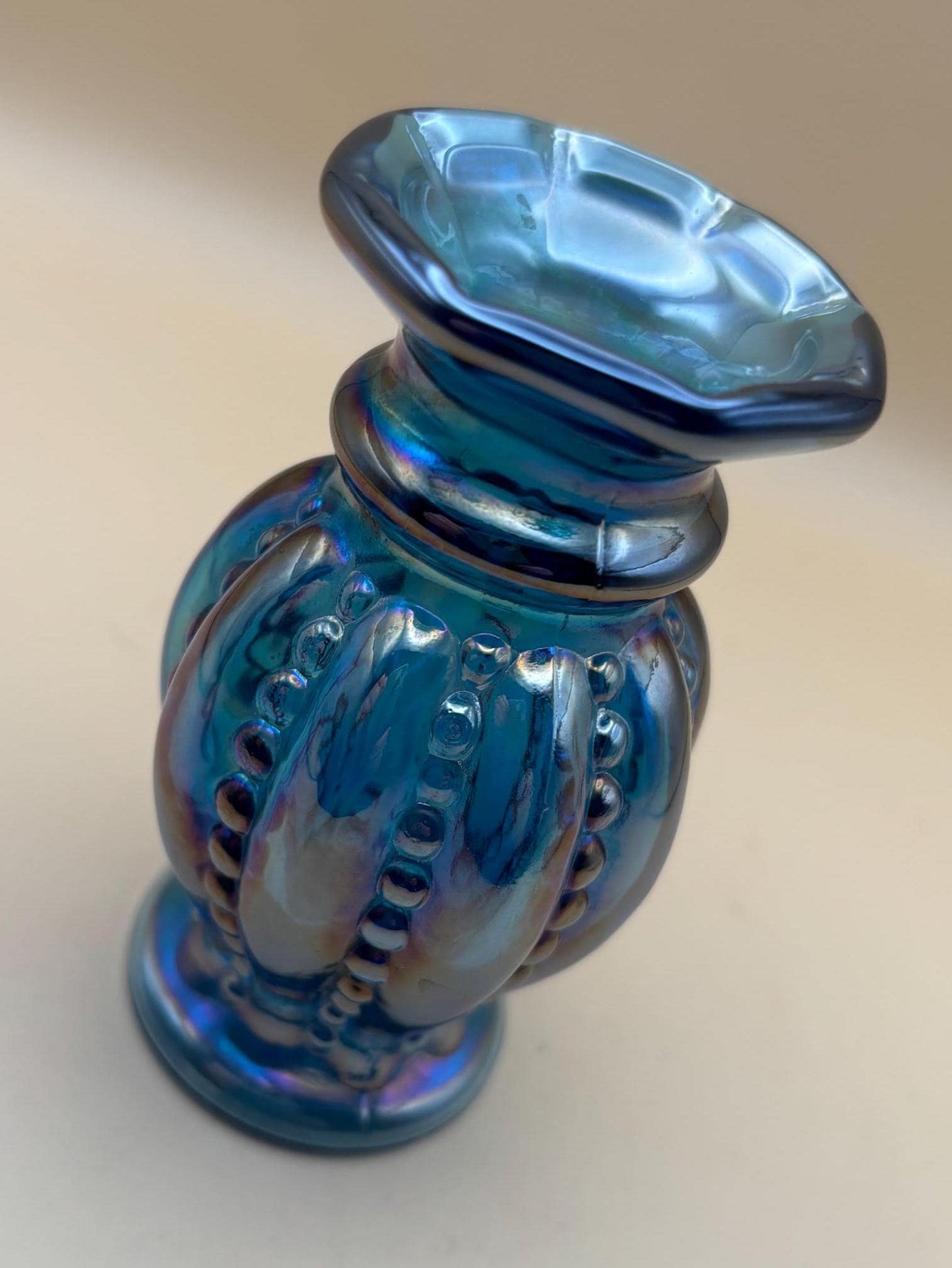 Vintage Fenton Carnival Glass Beaded Melon Mini Vase Iridescent Blue Glass Art Lover Antiques and Vintage