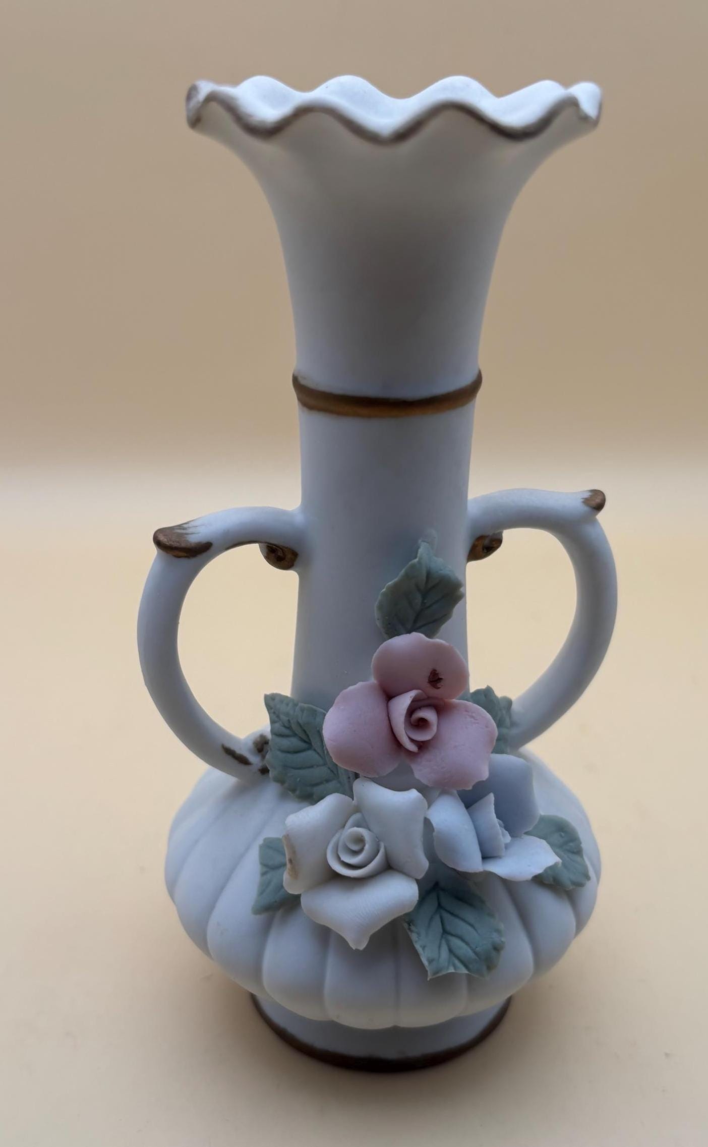 Vintage Lefton 2 Handled Vase Hand Painted Porcelain Capodimonte Style Figurines Japanese Lover Antiques and Vintage