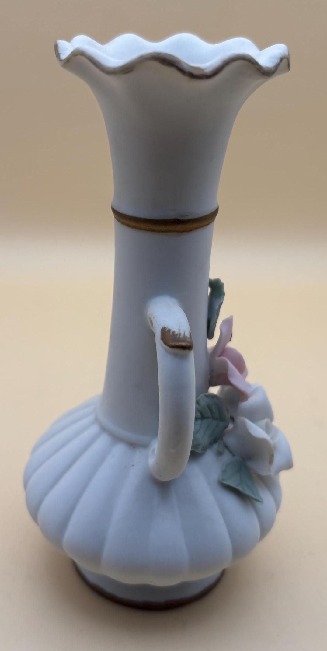 Vintage Lefton 2 Handled Vase Hand Painted Porcelain Capodimonte Style Figurines Japanese Lover Antiques and Vintage