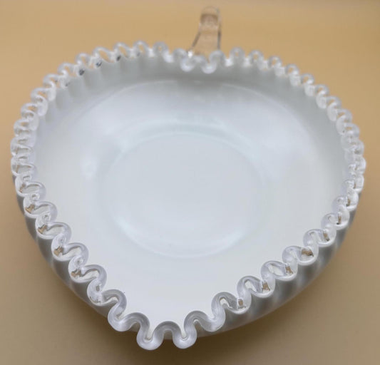 Fenton Milk Glass Hobnail Ruffled Heart Bowl Bonbon Dish with Handle Ruffled Art Glass Lover Antiques and Vintage