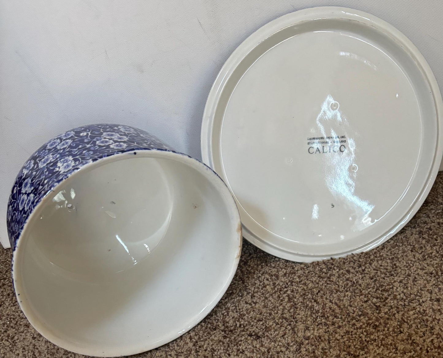 Burleigh Ware Large CALICO Blue Cheese Dome or Cake Plate with Cover Royal Crownford Ironstone England Blue and White Floral Transferware