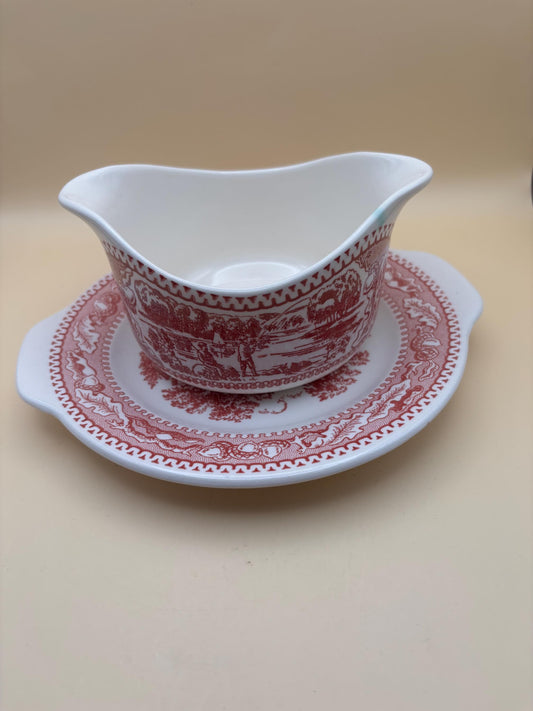 Vintage Red & White Gravy Dish and Saucer Set Lover Antiques and Vintage