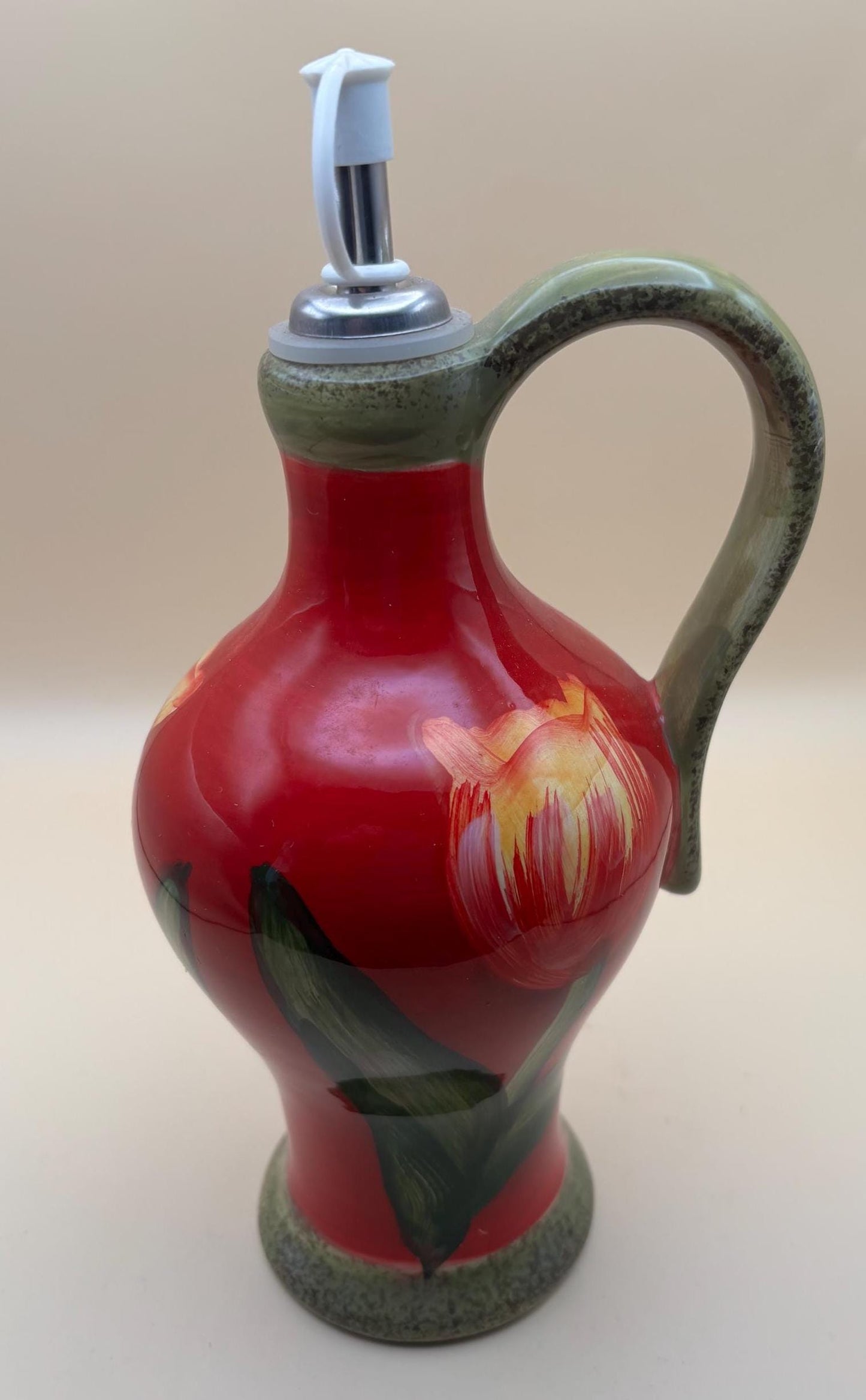 Vintage Tulip Oil Dispenser with Stopper Dipping Plates and Tray Hand Painted Cruet Decanter Lover Antiques and Vintage