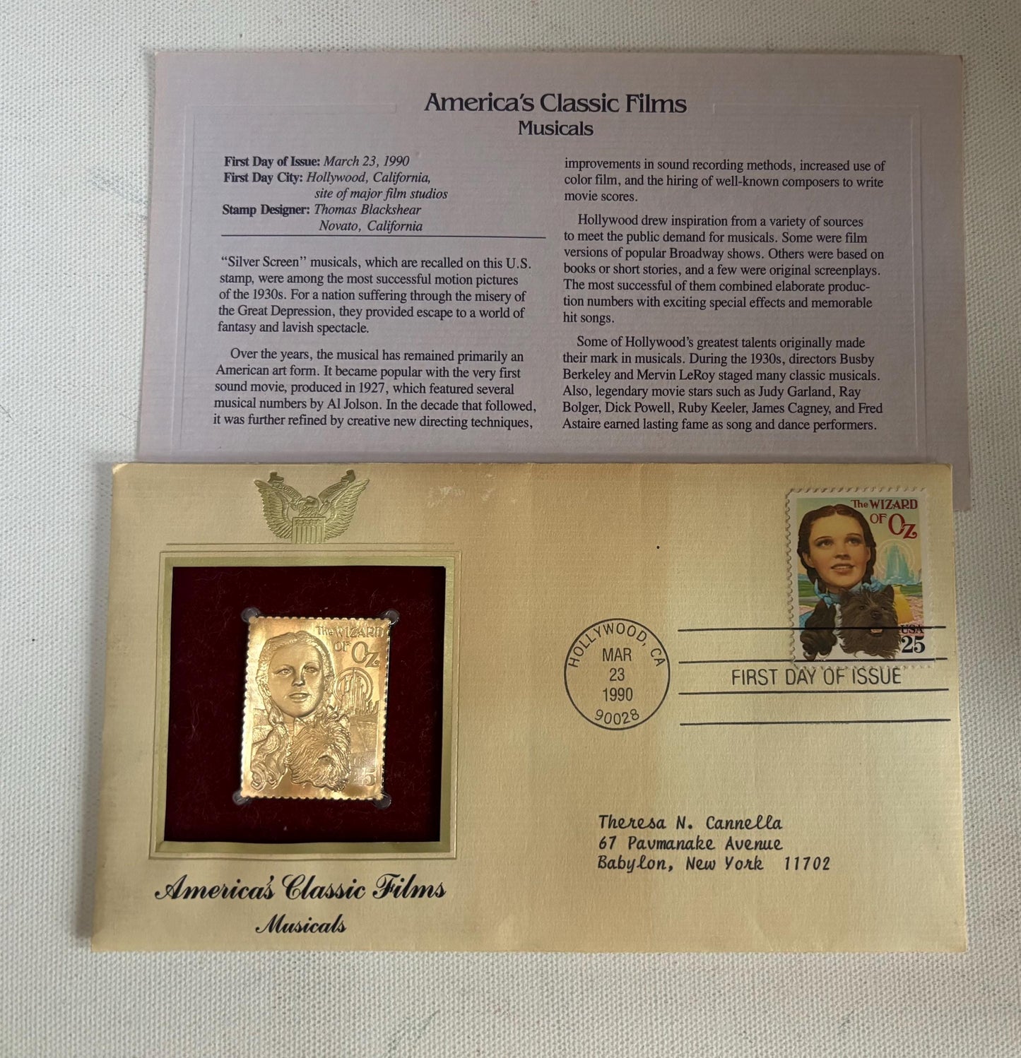 Dorothy From Wizard of Oz 22kt Gold Replica Stamp First Day Cover Plus Info Card Postal Commemorative Society March 23, 1990 Lover Antiques