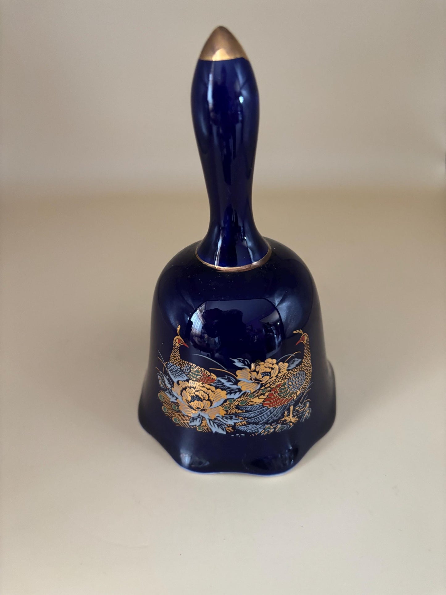 Vintage Cobalt Blue Bell with Peacocks and Gold Gilding Glass Lover Antiques and Vintage