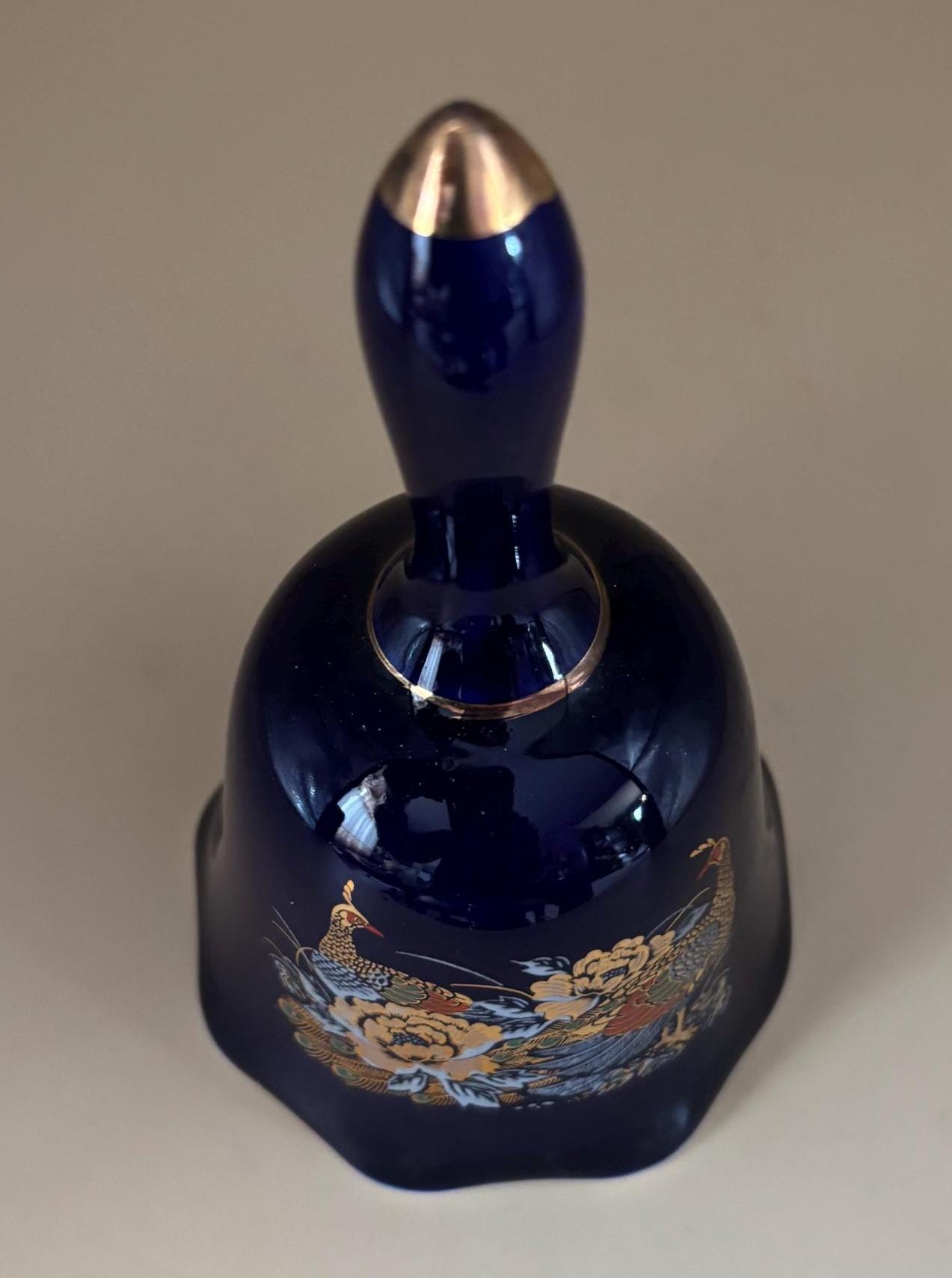 Vintage Cobalt Blue Bell with Peacocks and Gold Gilding Glass Lover Antiques and Vintage