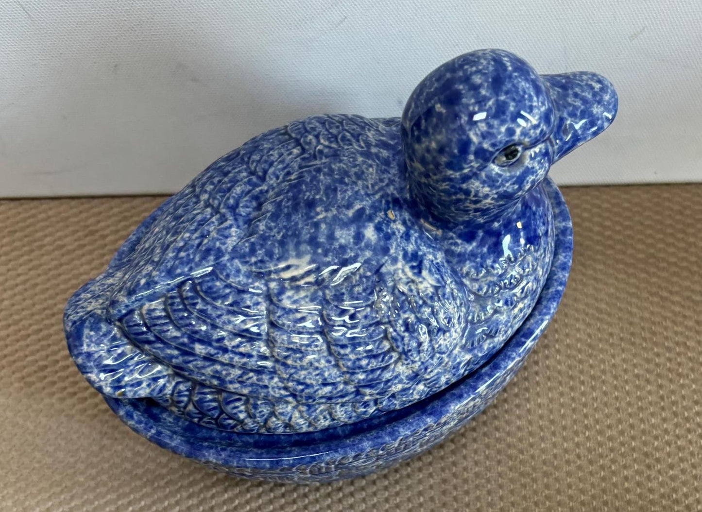 Vintage Spongeware Blue Ceramic Duck on Nest Duck Nesting on Basket Dish Lover Antiques and Vintage