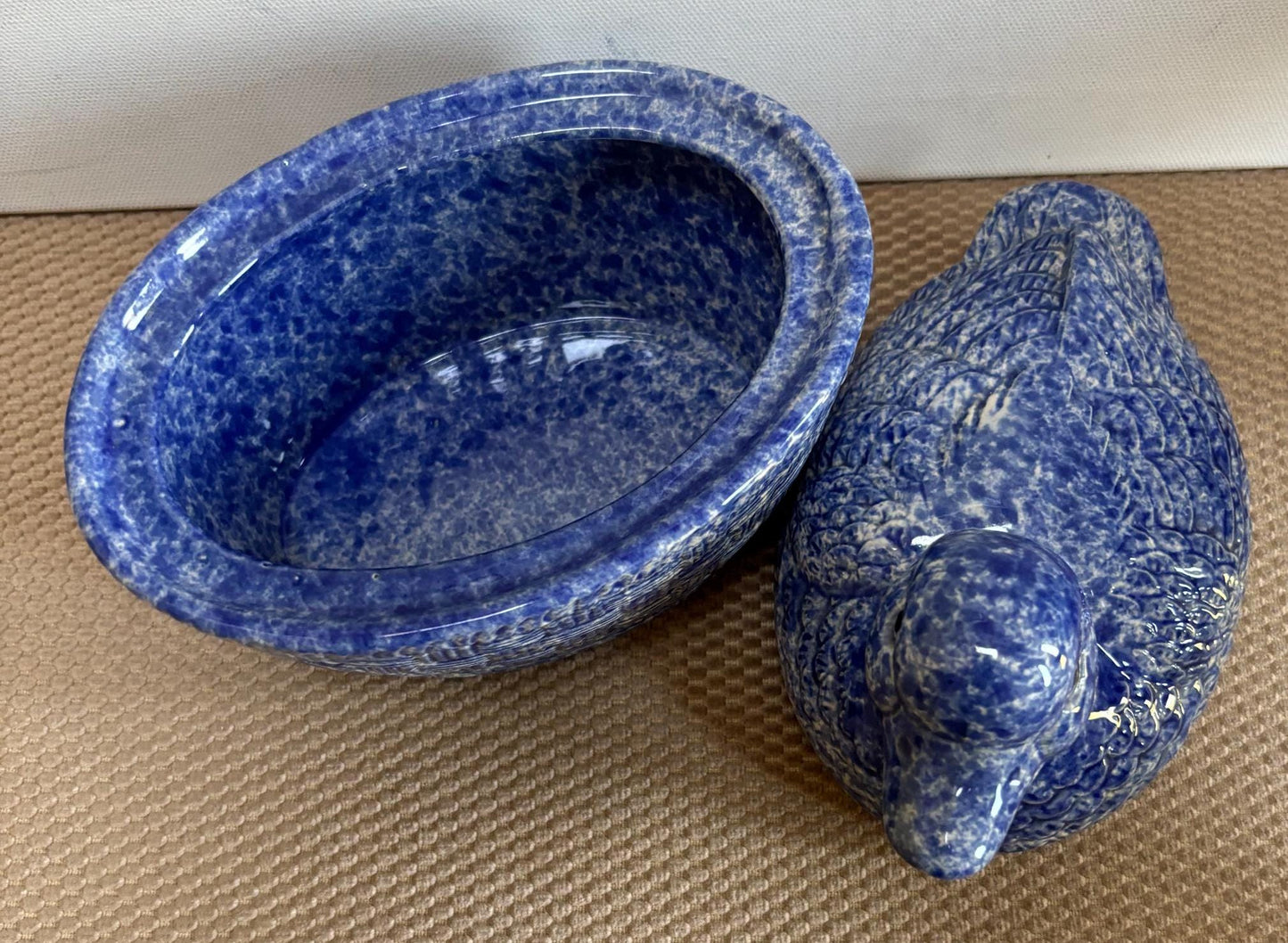 Vintage Spongeware Blue Ceramic Duck on Nest Duck Nesting on Basket Dish Lover Antiques and Vintage