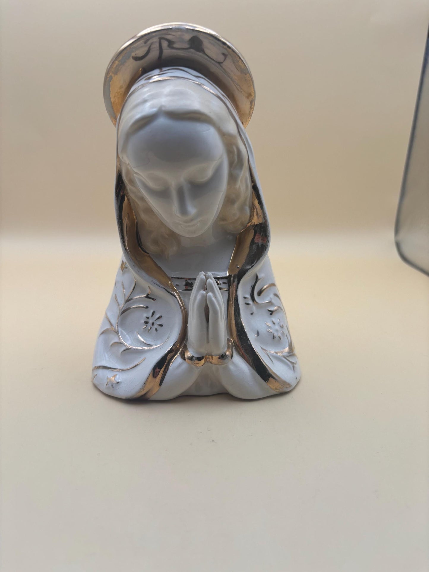 Vintage Praying Madonna Statue with Gold Gilding Figurine Hand Painted Porcelain Virgin Mary Figure Lover Antiques and Vintage